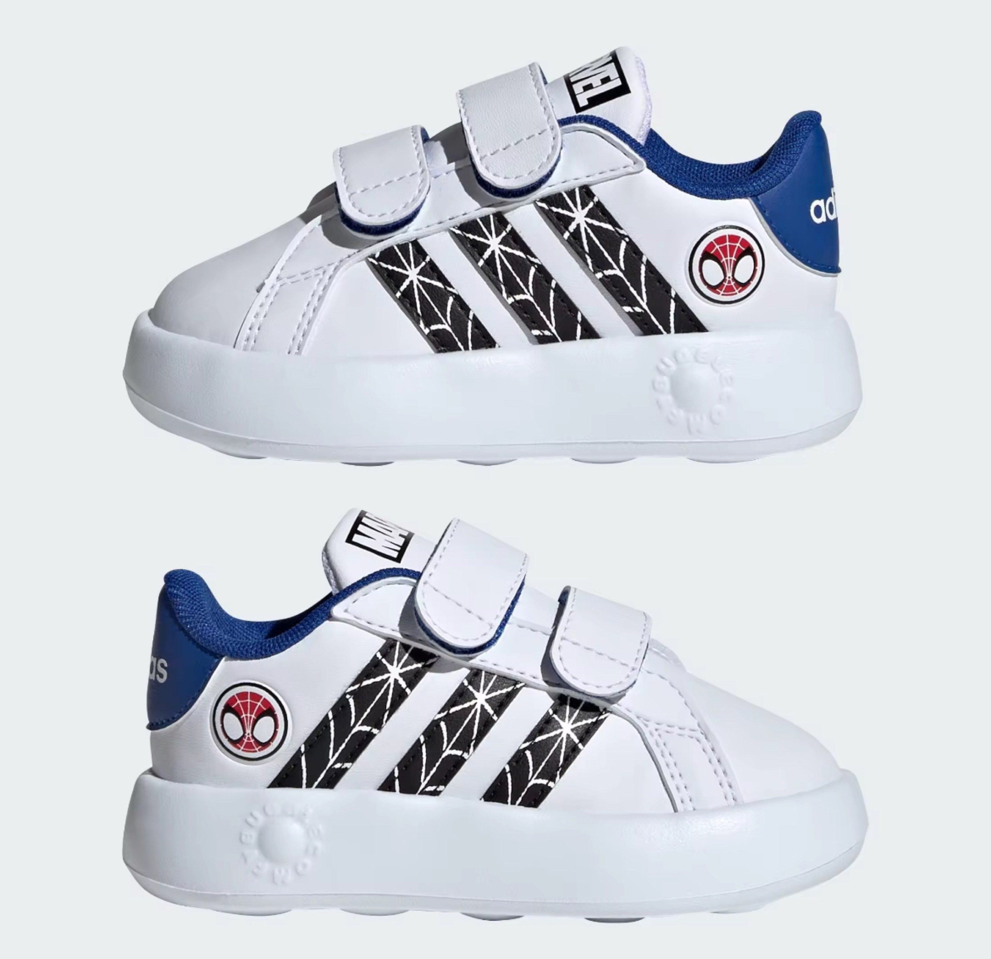 Adidas Spider-Man Toddler Shoes (Category: Babies & Kids Fashion) located in Rizal. Submitted by jaimsolshop (Listing ID 1417838409, Image 1). Description: - Adidas Grand Court toddler shoes - White upper with blue accents - Featuring a Spider-Man design - Two velcro straps for easy on and off - Adidas logo on the heel - Marvel logo on the strap - White rubber sole.