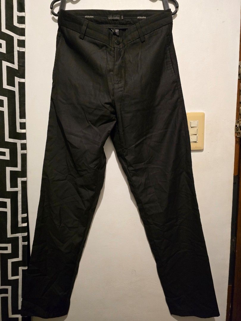 black "attitudes" brand trousers (Category: Trousers) located in Taguig. Submitted by bandsaccount (Listing ID 1417924975, Image 1). Description: black "attitudes" brand trousers. - I didn’t get to use this much since our office dress code is casual. I think I only used this two/three times before - Size: 29 - Unisex - Classic design - Button closure - Durable material - Versatile for everyday wear.