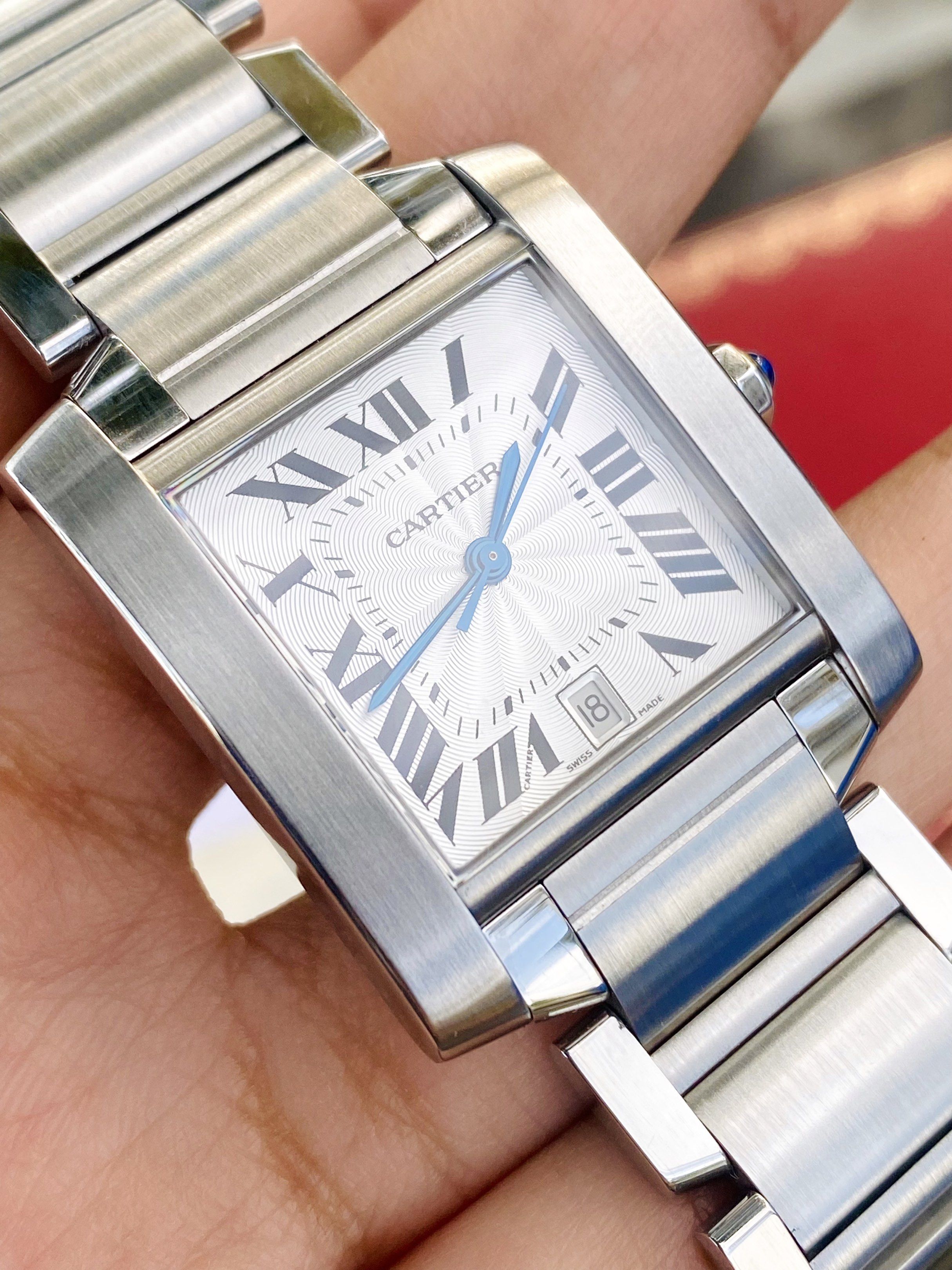CARTIER TANK FRANCAISE LM LARGE AUTOMATIC (Category: Luxury Watches) located in Manila. Submitted by watchmechanic (Listing ID 1417869449, Image 3). Description: CARTIER Tank Française LM Large Automatic – Complete Set | Authentic | Excellent Condition Price: ₱225,000 (Negotiable for sure buyers) DETAILS: • Model: Cartier Tank Française LM (Large Model) • Case Size: 28mm x 32mm • Movement: Automatic (Self-Winding) • Material: Stainless Steel Case