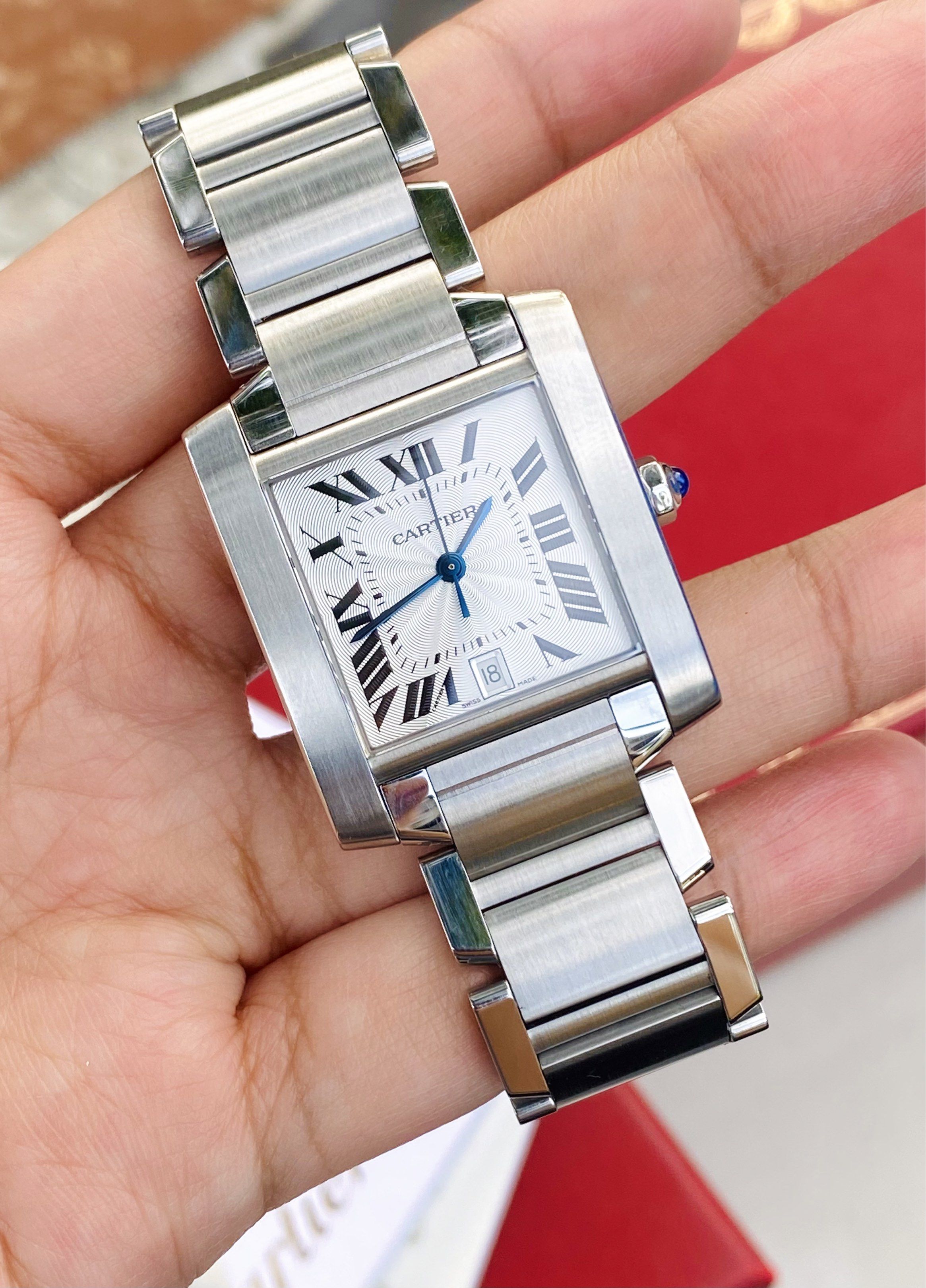 CARTIER TANK FRANCAISE LM LARGE AUTOMATIC (Category: Luxury Watches) located in Manila. Submitted by watchmechanic (Listing ID 1417869449, Image 2). Description: CARTIER Tank Française LM Large Automatic – Complete Set | Authentic | Excellent Condition Price: ₱225,000 (Negotiable for sure buyers) DETAILS: • Model: Cartier Tank Française LM (Large Model) • Case Size: 28mm x 32mm • Movement: Automatic (Self-Winding) • Material: Stainless Steel Case
