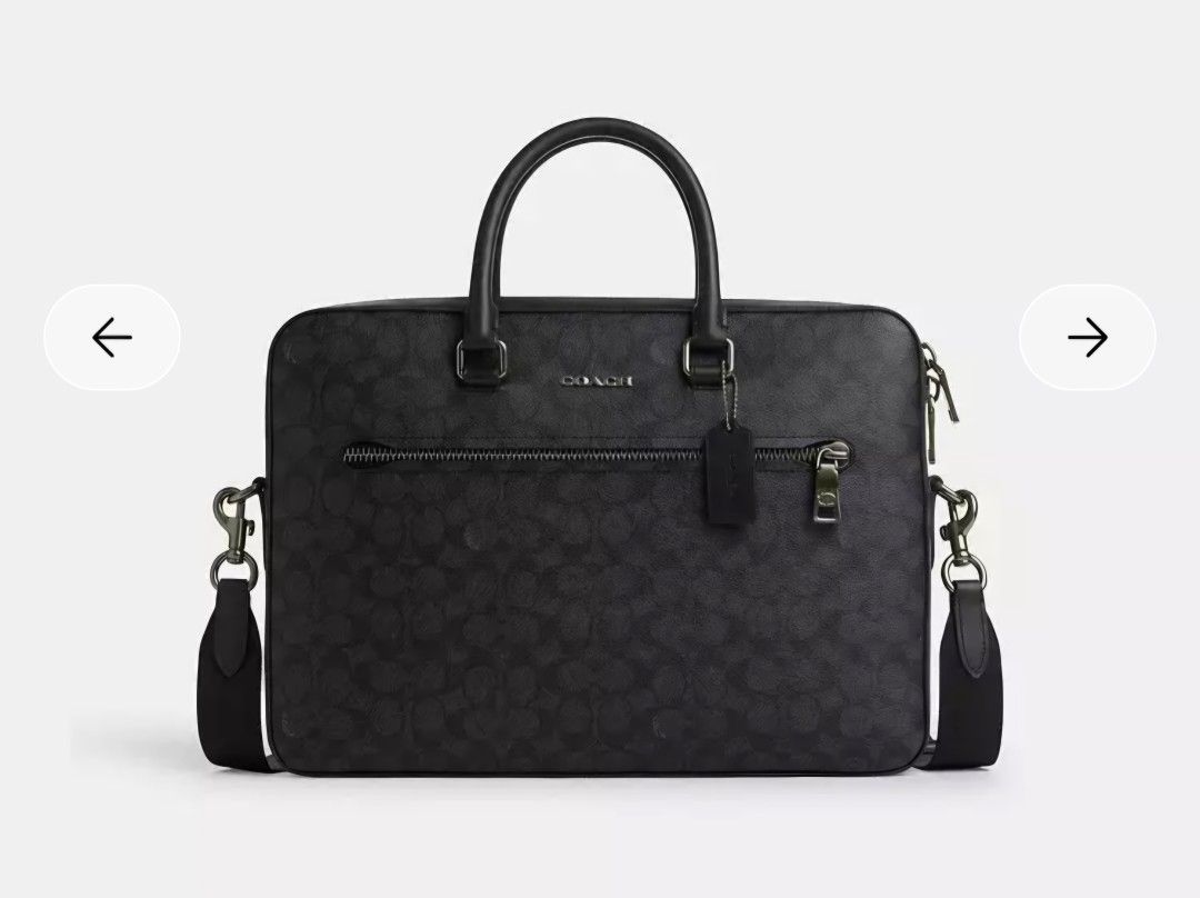 Coach slim briefcase/ laptop bag (Category: Luxury Bags & Wallets) located in Cabuyao City. Submitted by AR700 (Listing ID 1417924184, Image 1). Description: - Coach laptop bag - Signature pattern - Top handle and detachable shoulder strap - Front zipper pocket - Main compartment - Black exterior - Silver-tone hardware - Carries laptop and essentials measurement horizontal 14.5 inches Bought 20k Used once then stored comes with zalora luxury box 