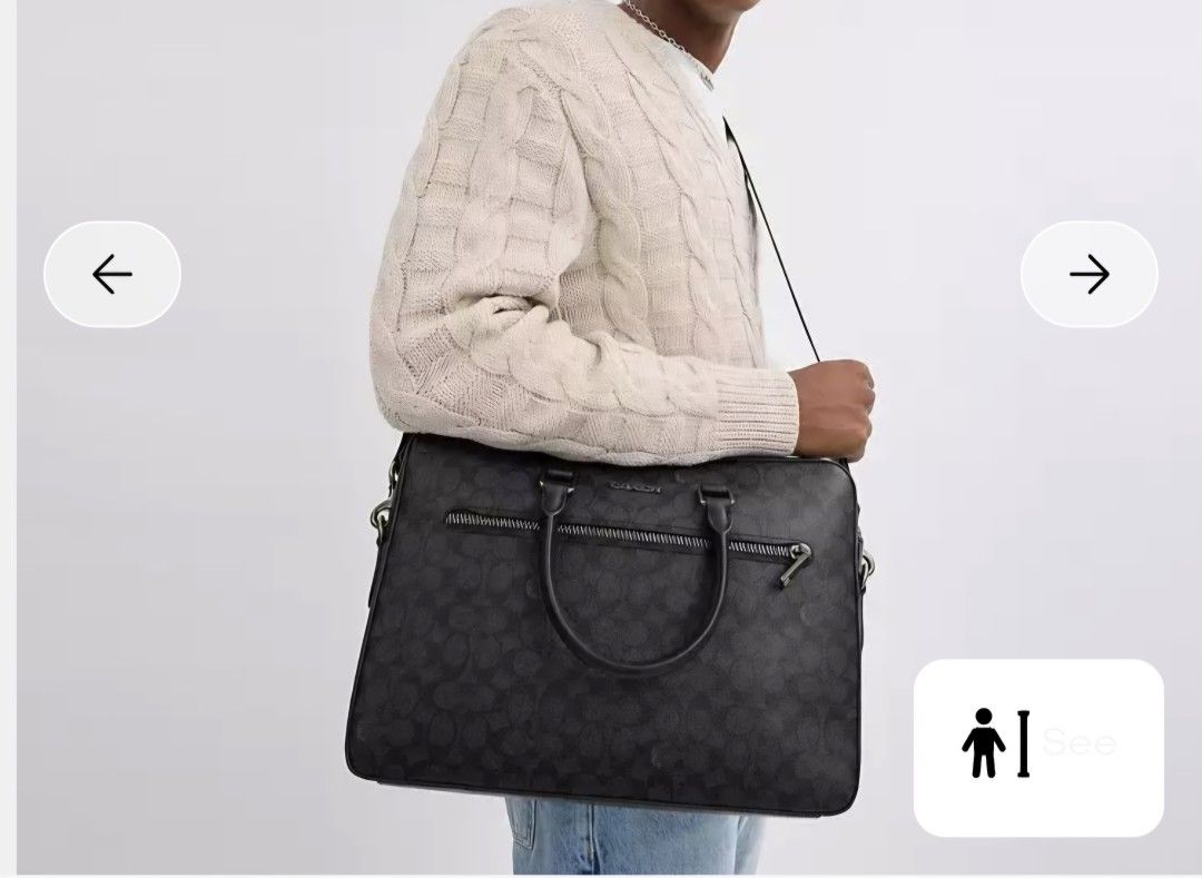 Coach slim briefcase/ laptop bag (Category: Luxury Bags & Wallets) located in Cabuyao City. Submitted by AR700 (Listing ID 1417924184, Image 2). Description: - Coach laptop bag - Signature pattern - Top handle and detachable shoulder strap - Front zipper pocket - Main compartment - Black exterior - Silver-tone hardware - Carries laptop and essentials measurement horizontal 14.5 inches Bought 20k Used once then stored comes with zalora luxury box 