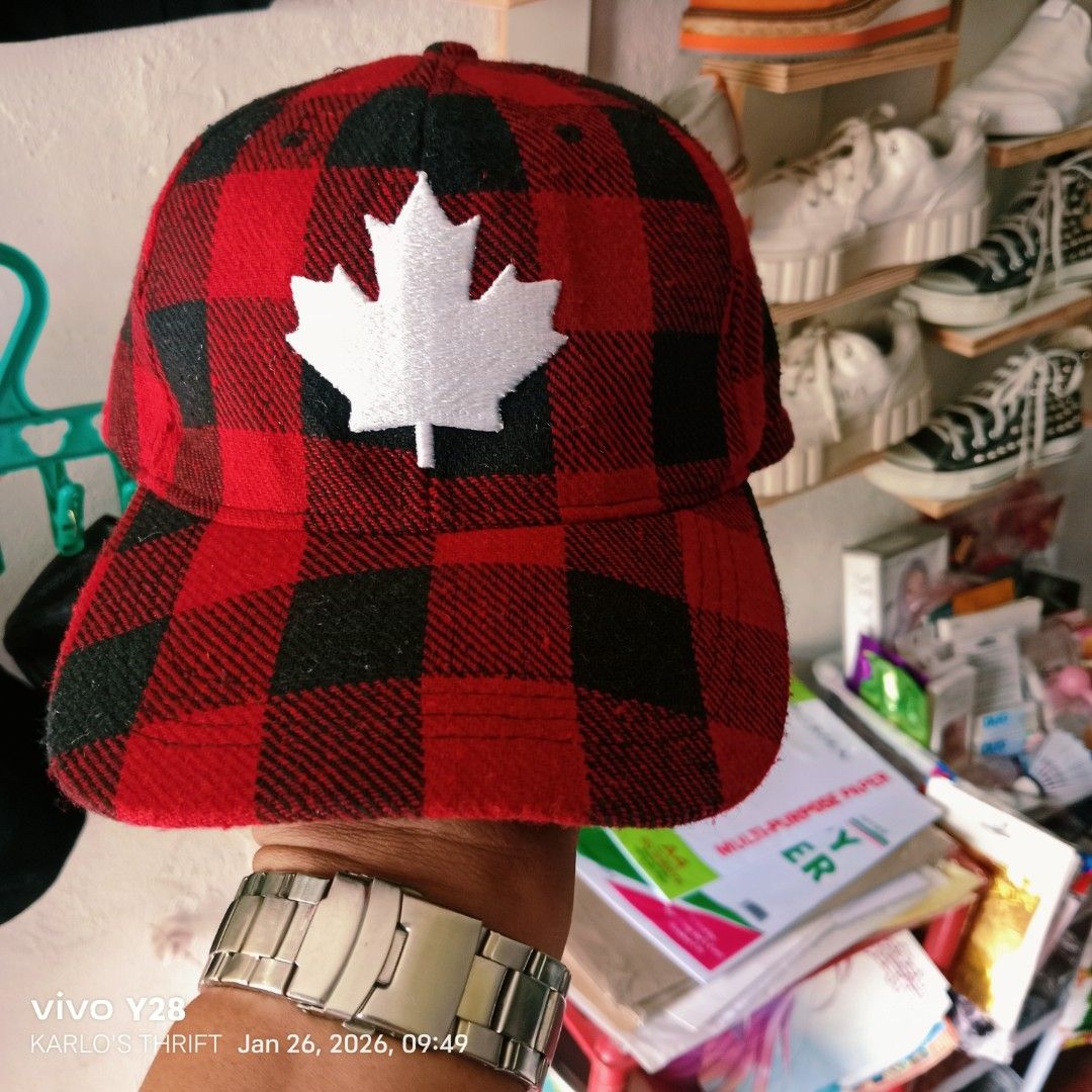 Country Leather Canada Cap (Category: Caps & Hats) located in Davao. Submitted by karlosthriftshop (Listing ID 1417826559, Image 1). Description: ₱390 shipped thru J&T - Red and black plaid cap - Features a white maple leaf emblem - Includes a small Canadian flag patch - Made by Country Leather - Made in Canada - Material: 100% polyester - One size fits all.