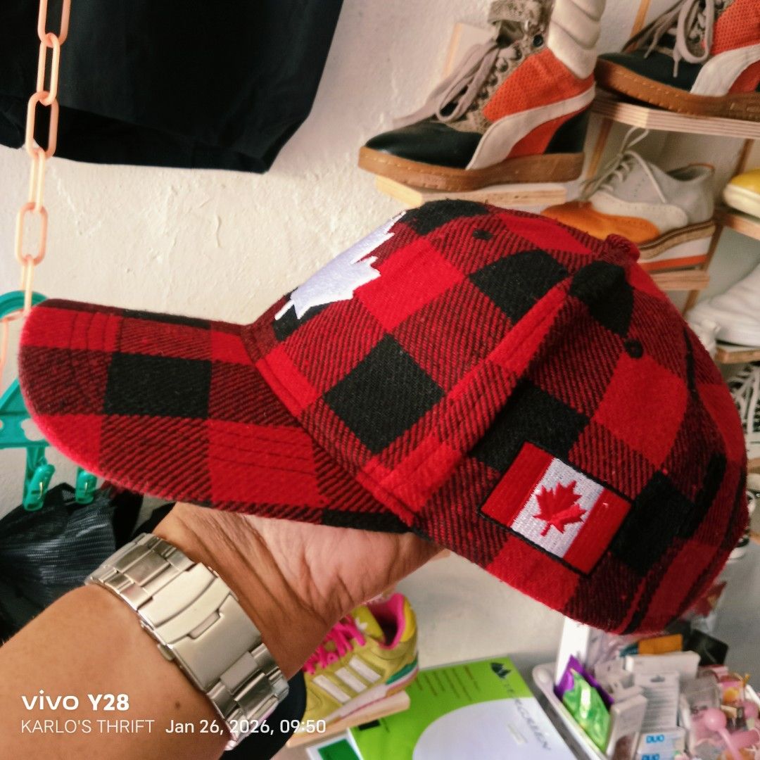 Country Leather Canada Cap (Category: Caps & Hats) located in Davao. Submitted by karlosthriftshop (Listing ID 1417826559, Image 2). Description: ₱390 shipped thru J&T - Red and black plaid cap - Features a white maple leaf emblem - Includes a small Canadian flag patch - Made by Country Leather - Made in Canada - Material: 100% polyester - One size fits all.