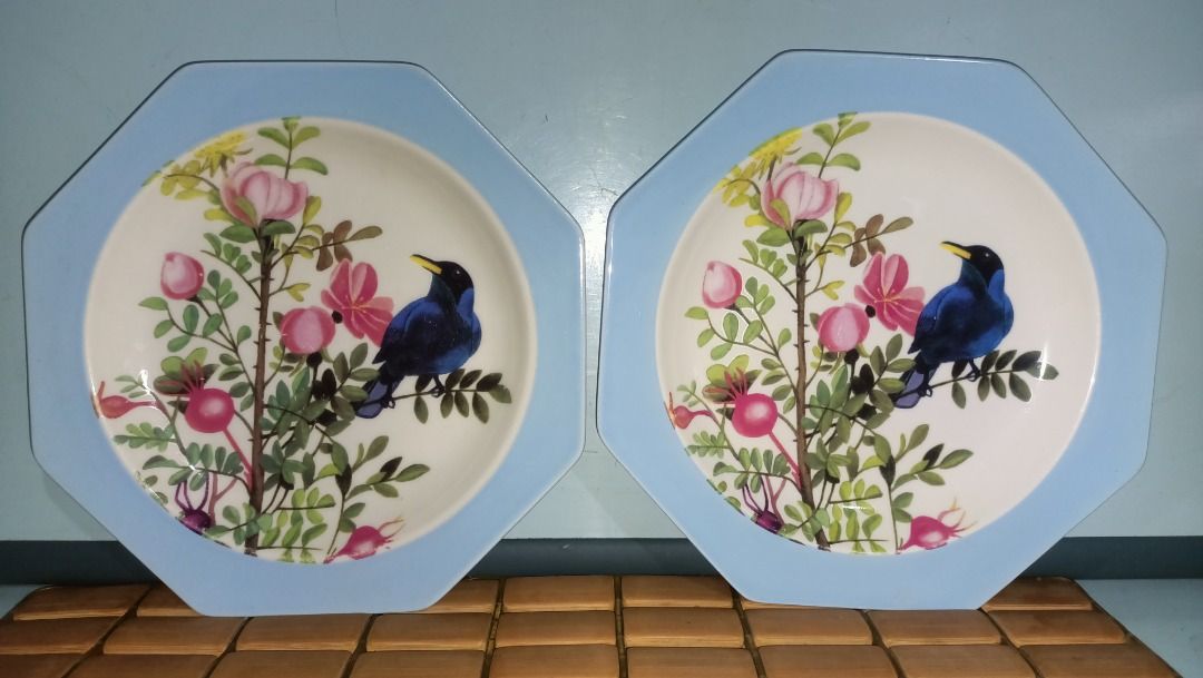 Francfranc Bird and Flower Display Plates 2pcs Set (Category: Dinnerware & Cutlery) located in Munoz. Submitted by larryc1212 (Listing ID 1417974169, Image 1). Description: Set of two Francfranc plates featuring a bird and floral design. The plates have a light blue octagonal border. Each plate measures approximately 8inches in diameter. The plates are suitable for serving food or as decorative pieces. Item include some scratches due to age, as i