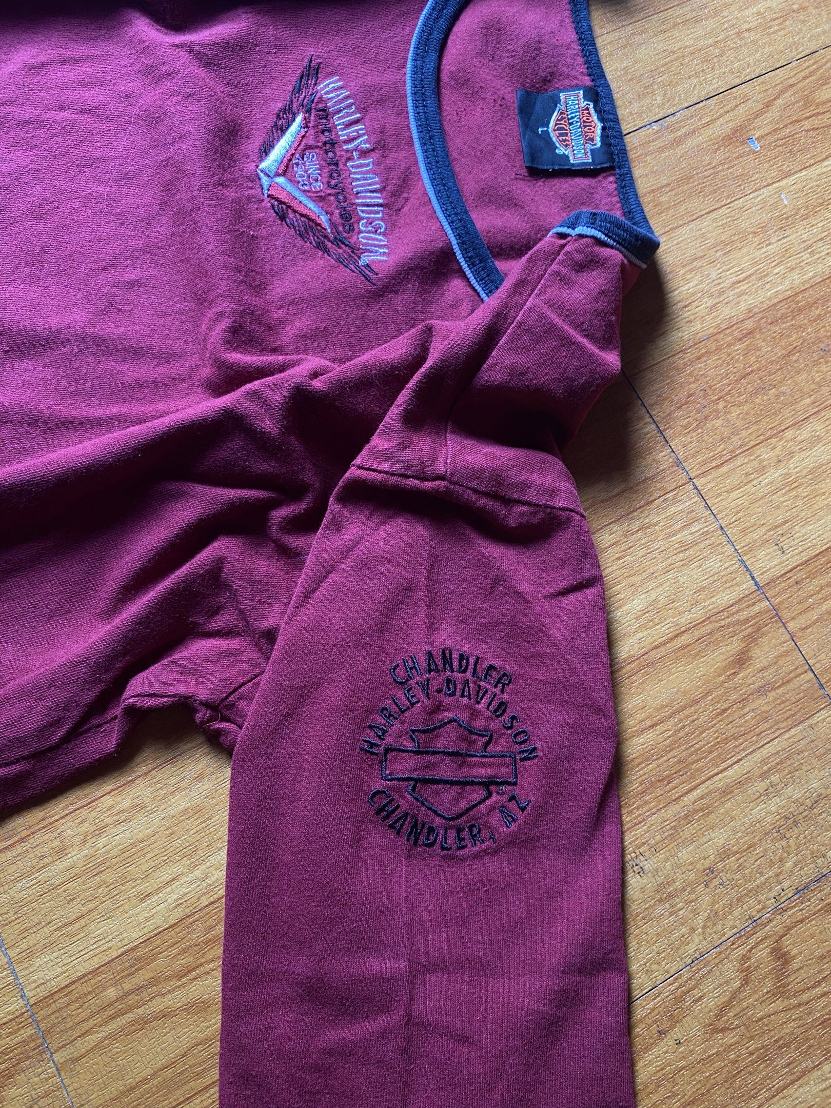 Harley-Davidson Long Sleeve Shirt (Category: Formal Shirts) located in Santa Rosa. Submitted by fly.god (Listing ID 1417971525, Image 2). Description: Vintage Harley Davidson Long Sleeve Tee large on tag but small size. (avail for mens/womens) W”19 L”22 8/10 condition, has small bleach stain. wide/loose neckline. -timeless piece ₱300 + sf.