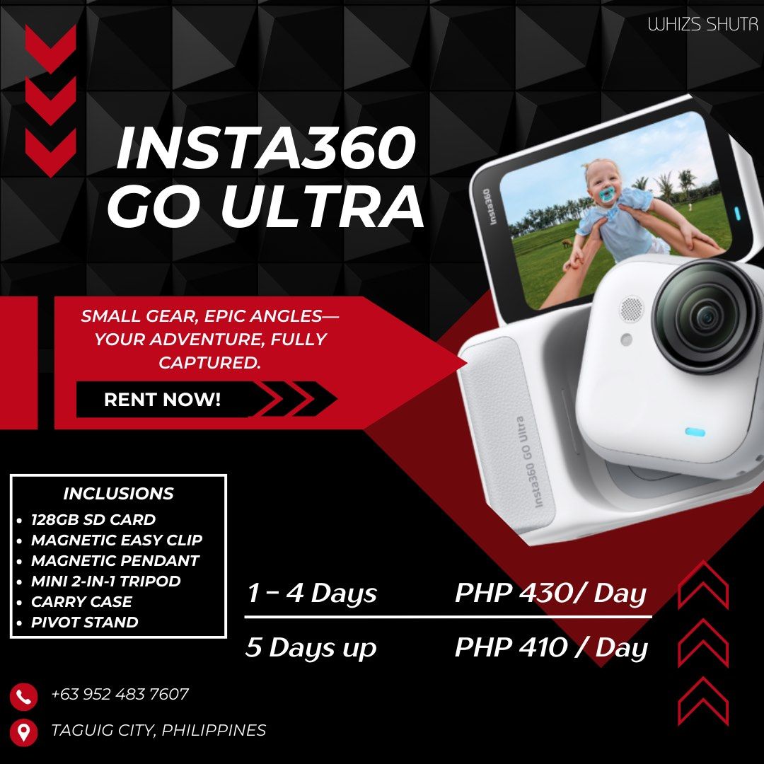 INSTA360 GO ULTRA FOR RENT (Category: Cameras) located in Makati City. Submitted by whizs (Listing ID 1417979001, Image 1). Description: Pocket-sized power. Limitless possibilities. 📸 Insta360 GO Ultra – Creator Combo 💰 ₱430/day | 💰 ₱410/day (5+ days) 📌 ₱500 deposit secures your booking (non-refundable, deducted from total) ✅ Lowest price guaranteed for any Insta360 GO Ultra rental 📍 Located: Taguig City 🗓 Few slots left for February 2026! 