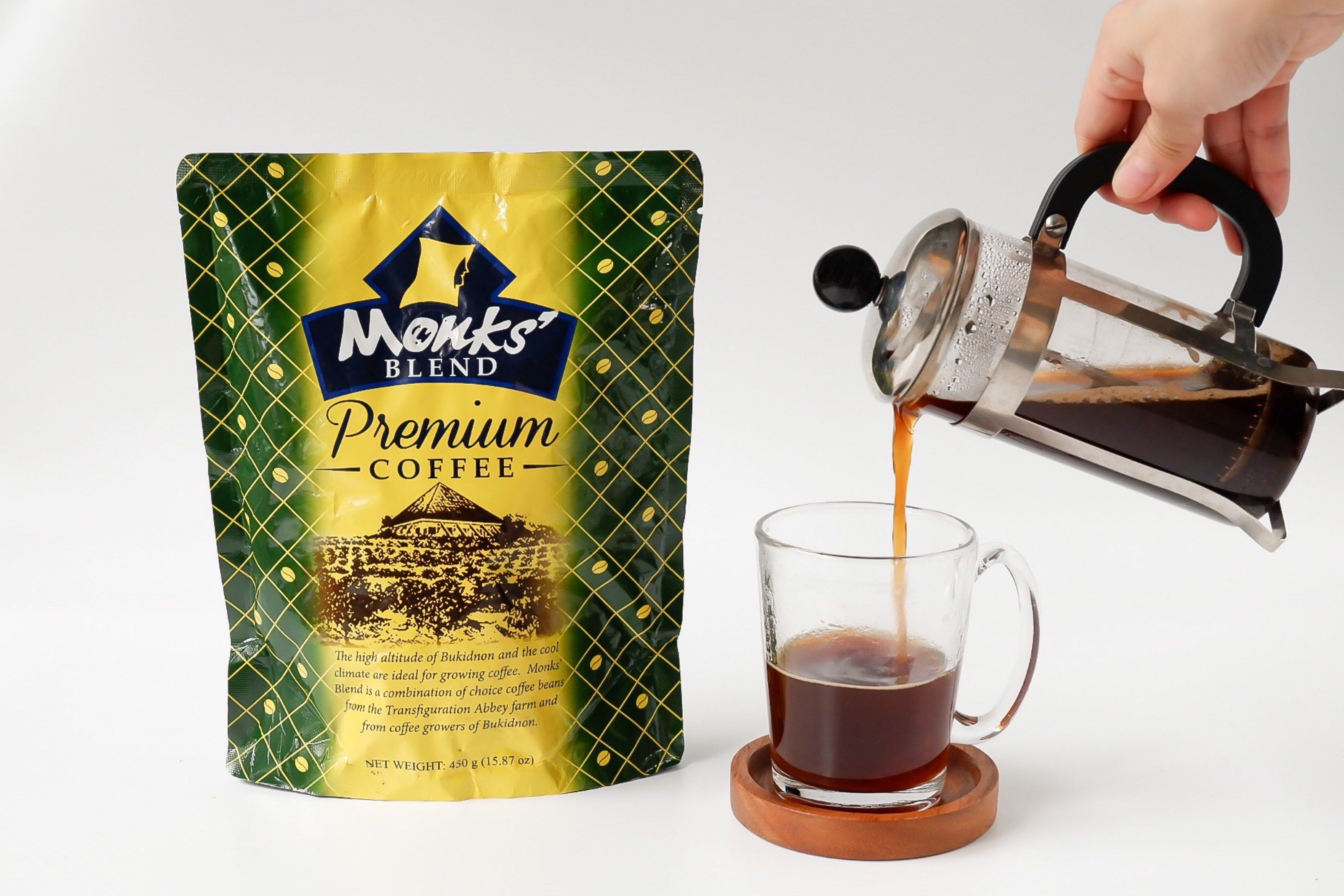 Monk's Blend Premium Coffee 450g (Category: Beverages) located in Quezon City. Submitted by clearshelf (Listing ID 1417910560, Image 3). Description: - Monk's Blend Premium Coffee - 450g bag - Sourced from Bukidnon coffee beans - Grown at the Transfiguration Abbey farm - Suitable for French press and other brewing methods - Rich and flavorful coffee - Bulk order and custom packages available .