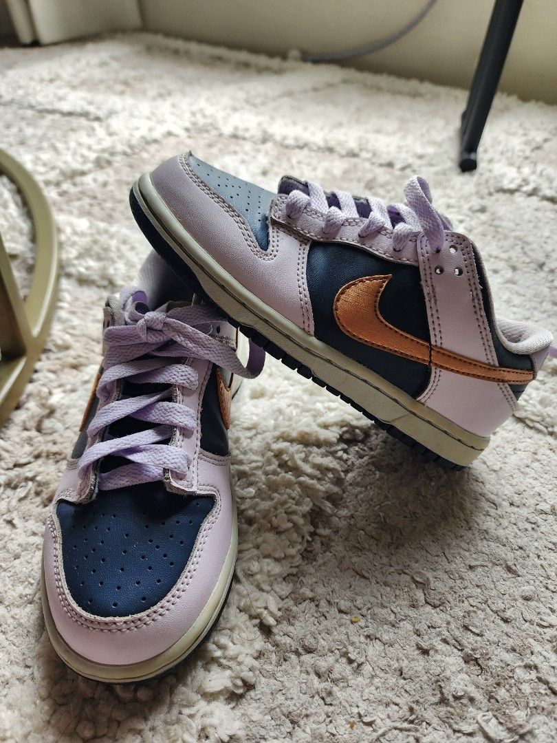 Nike Dunk Low Kids Shoes (Category: Babies & Kids Fashion) located in Pasig City. Submitted by closetspaced (Listing ID 1417839526, Image 1). Description: - Nike Dunk Low toddler shoes - Size: US 12C - Colorway: Lilac, Navy, Orange - Features: Leather upper, rubber sole, lilac laces, navy swoosh - Condition: Good - Inner tag visible.