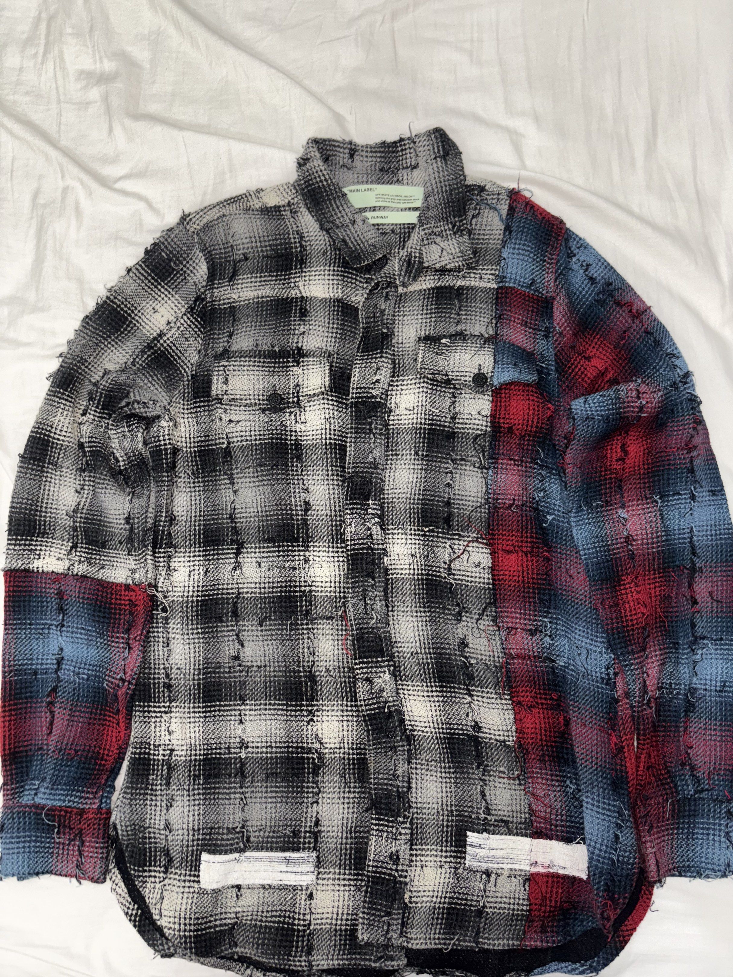 Off-White Flannel Shirt (Category: Tshirts & Polo Shirts ) located in Taguig. Submitted by homieplugph (Listing ID 1417996181, Image 1). Description: - Off-White Flannel Shirt - Size: M - Unique layered and distressed design - Condition: 5 - Authentic Off-White -Runway Piece super rare!!.