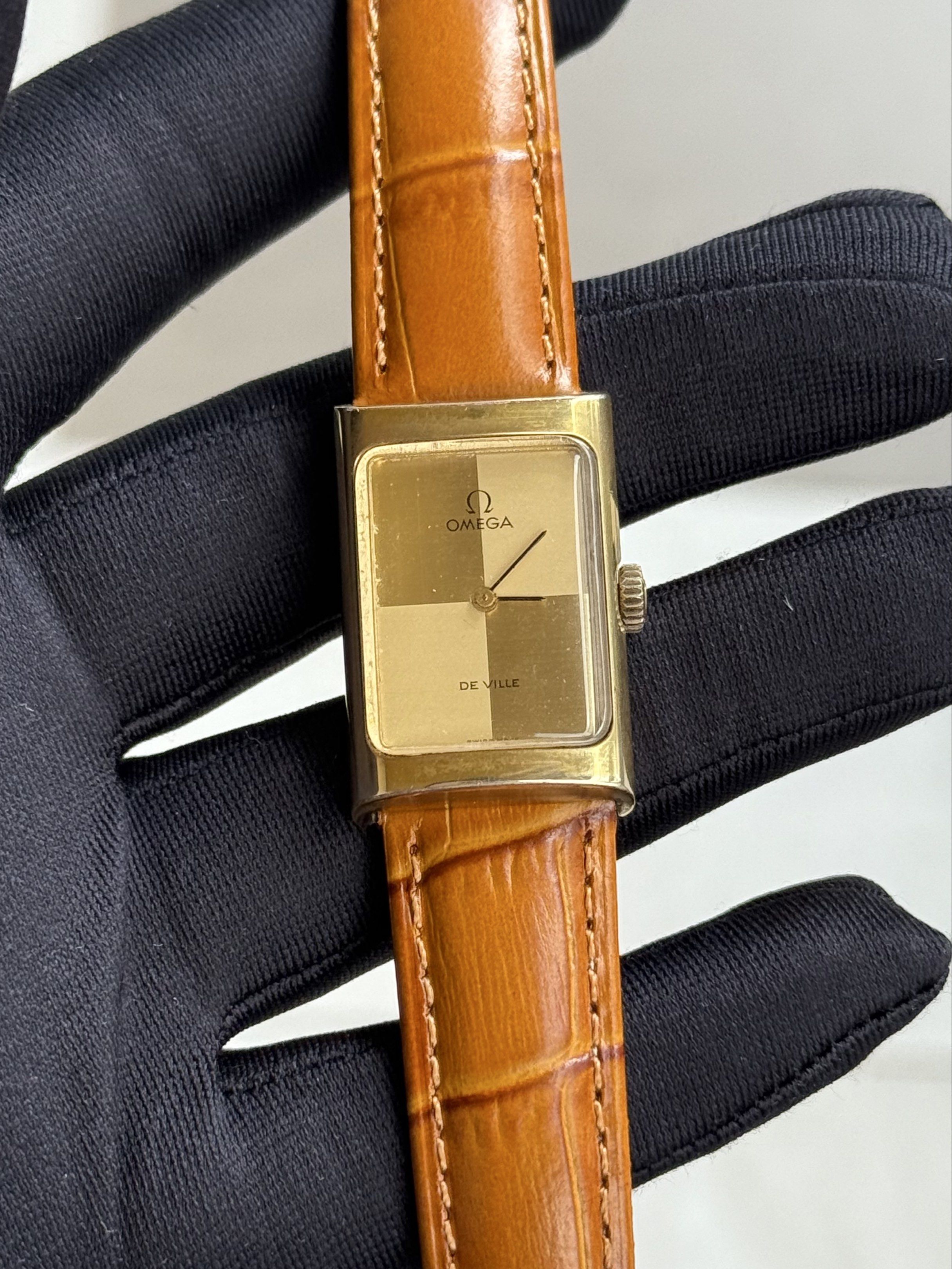 Omega De Ville Tank (Category: Luxury Watches) located in Quezon City. Submitted by mjgorobat15 (Listing ID 1417832359, Image 2). Description: Omega De Ville Tank •Reference no. 511.0458 •Year 1973 •Movement: Manual Wind Caliber 1070 •Case: Gold plated •Case size: 20mm x 29mm •Gold checkered dial •Service History: January 2026 •Bracelet: New AM genuine leather •Inclusions: Watch and omega presentation box only •Condition: 9/10.