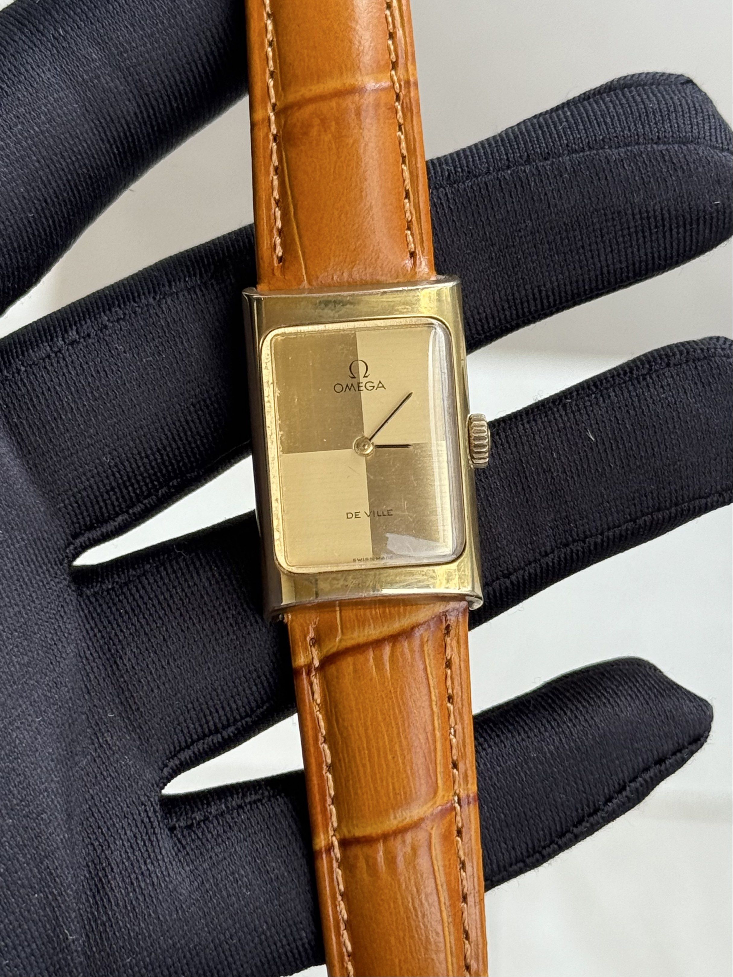 Omega De Ville Tank (Category: Luxury Watches) located in Quezon City. Submitted by mjgorobat15 (Listing ID 1417832359, Image 1). Description: Omega De Ville Tank •Reference no. 511.0458 •Year 1973 •Movement: Manual Wind Caliber 1070 •Case: Gold plated •Case size: 20mm x 29mm •Gold checkered dial •Service History: January 2026 •Bracelet: New AM genuine leather •Inclusions: Watch and omega presentation box only •Condition: 9/10.
