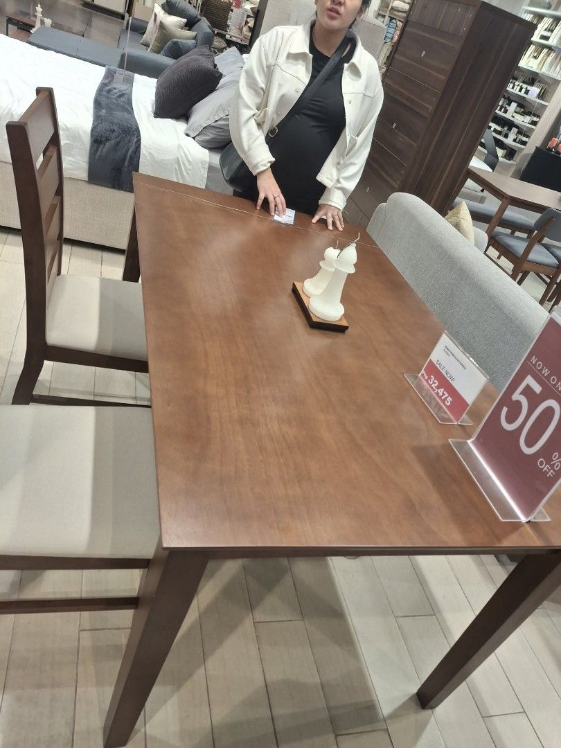 OUR HOME 6 seater dining table wood (Category: Tables & Sets) located in Caloocan City. Submitted by elarecreo (Listing ID 1417653572, Image 3). Description: bought last 2023 with dents RFS: too big for 2 people, will buy a smaller one.