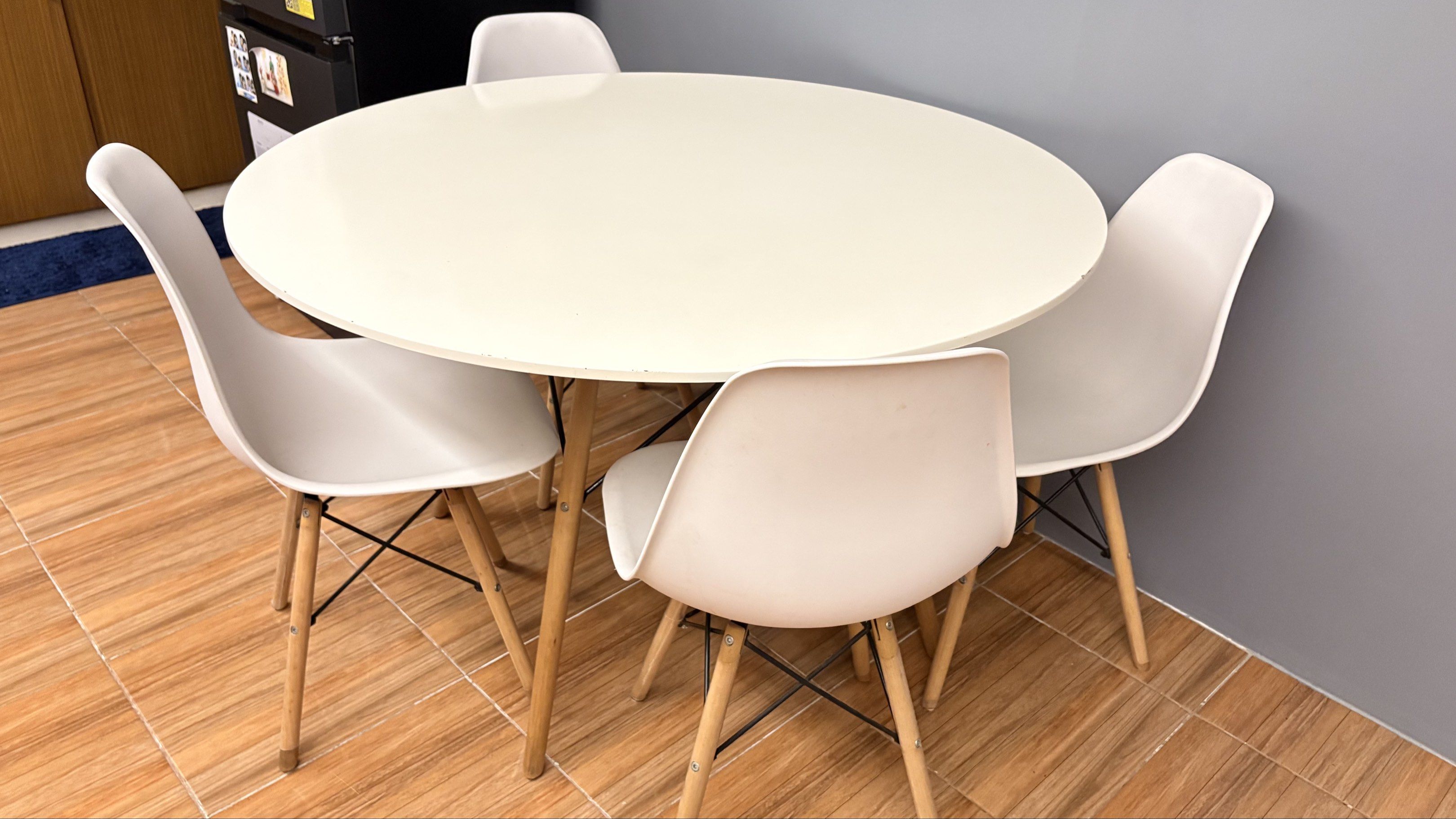 Round Dining Table with 4 Chairs (Category: Tables & Sets) located in Manila. Submitted by ae_vyyyy (Listing ID 1417876351, Image 2). Description: Selling our well loved dining table with 4 chairs Rfs: Too big for a small family of 4 (2 toddlers), will buy a new smaller table Honest issues posted on the 3rd and 4th slide. .