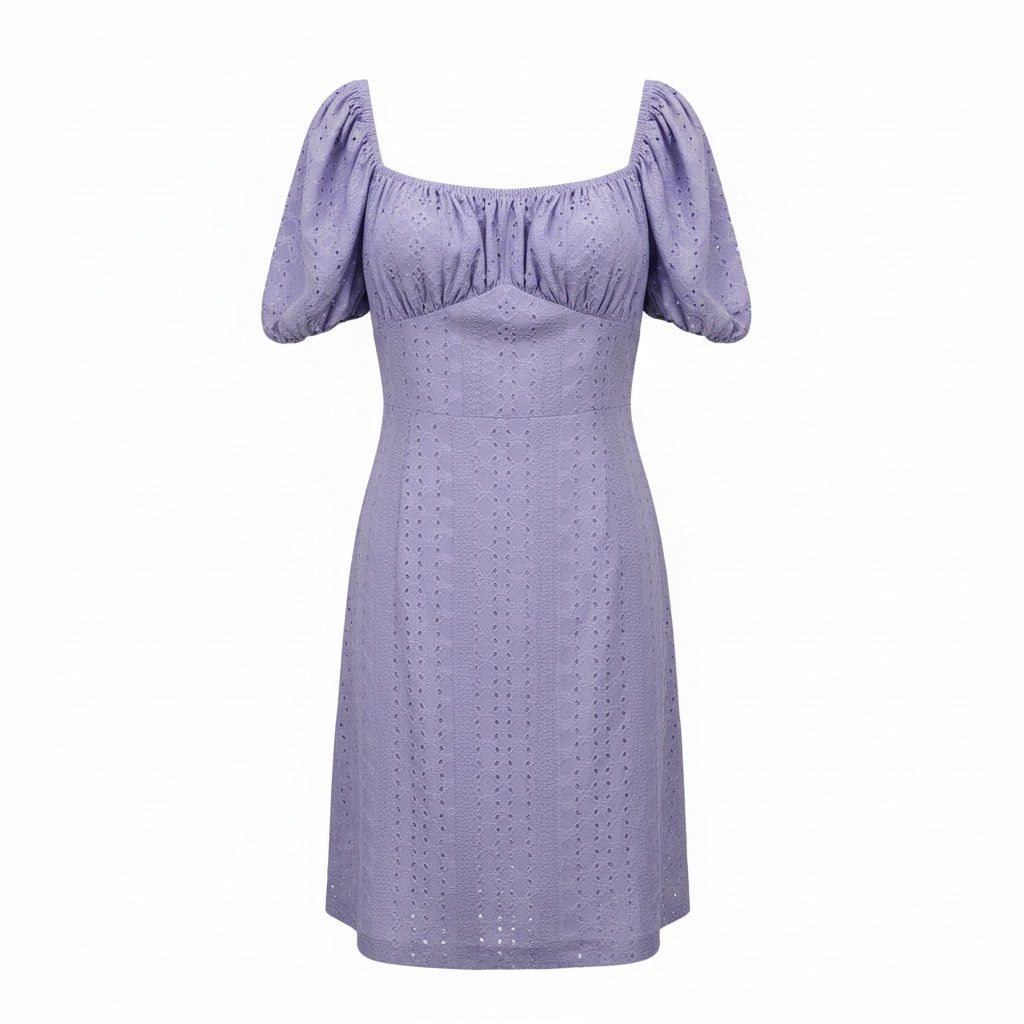 SHEIN Lavender Eyelet Dress (Category: Dresses) located in Manila. Submitted by cherrie_19 (Listing ID 1417908091, Image 1). Description: - SHEIN lavender dress - Size: Small - Design: Square neckline, puff sleeves, eyelet details - Material: Polyester and elastane blend - Style: Fitted bodice, slightly flared skirt - Perfect for: Casual wear or special occasions.
