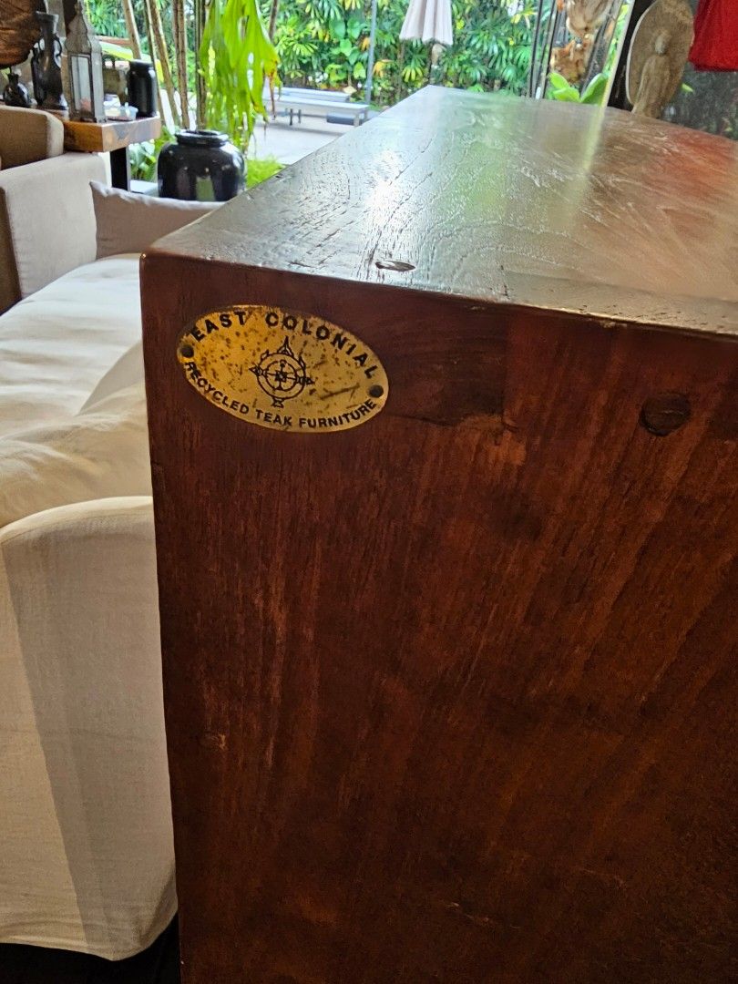 Solid teak sideboard / console (Category: Shelves, Cabinets & Racks) located in Singapore. Submitted by dacefish (Listing ID 1417813472, Image 3). Description: Handmade recycled teak sideboard. No screws/nails. 160x40 cm. Height 110 cm. Only $280 fixed price. Self collect from Seletar area..