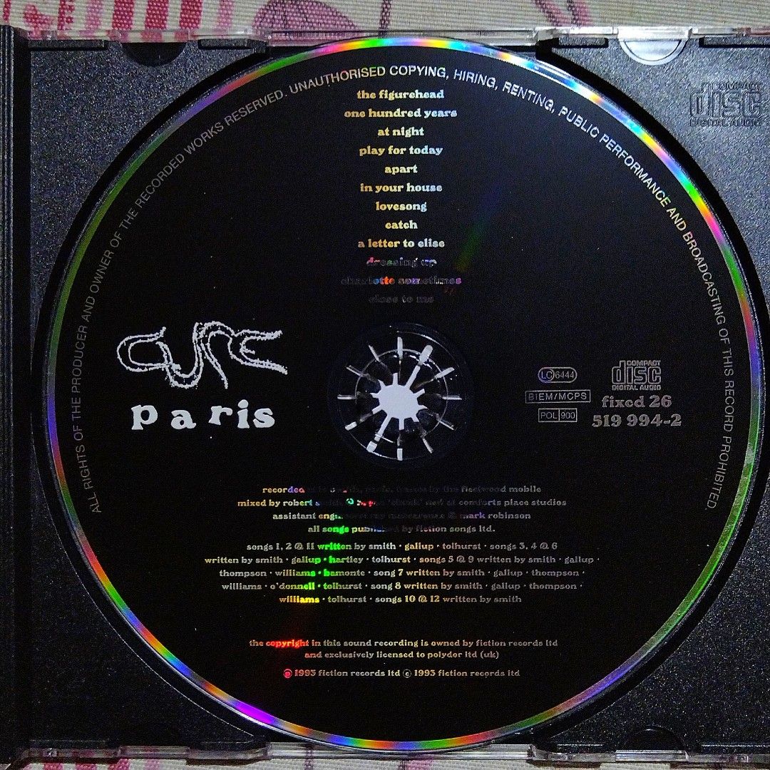 The Cure - Paris Live CD Album (Category: CDs & DVDs) located in Taguig. Submitted by znarfscriber (Listing ID 1417978117, Image 3). Description: The Cure Paris Live CD Album Made In The EU Fiction Records 1993 Cover: EX Media: NM RFS: Decluttering / Need Funds.