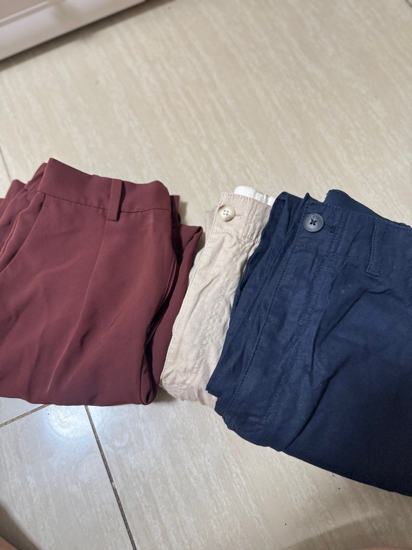 Uniqlo Linen Pants (Category: Other Bottoms) located in Taguig. Submitted by decluttermeph (Listing ID 1417936532, Image 2). Description: Size: Small ❣️take all❣️ Colors: Navy Blue, Beige, Muted Maroon 2 Linen Cotton Pants 1 Polyester Bought before pregnancy, never got to wear. Rfs: Decluttering and need funds so I can buy new sets of XL pants🥲😅.