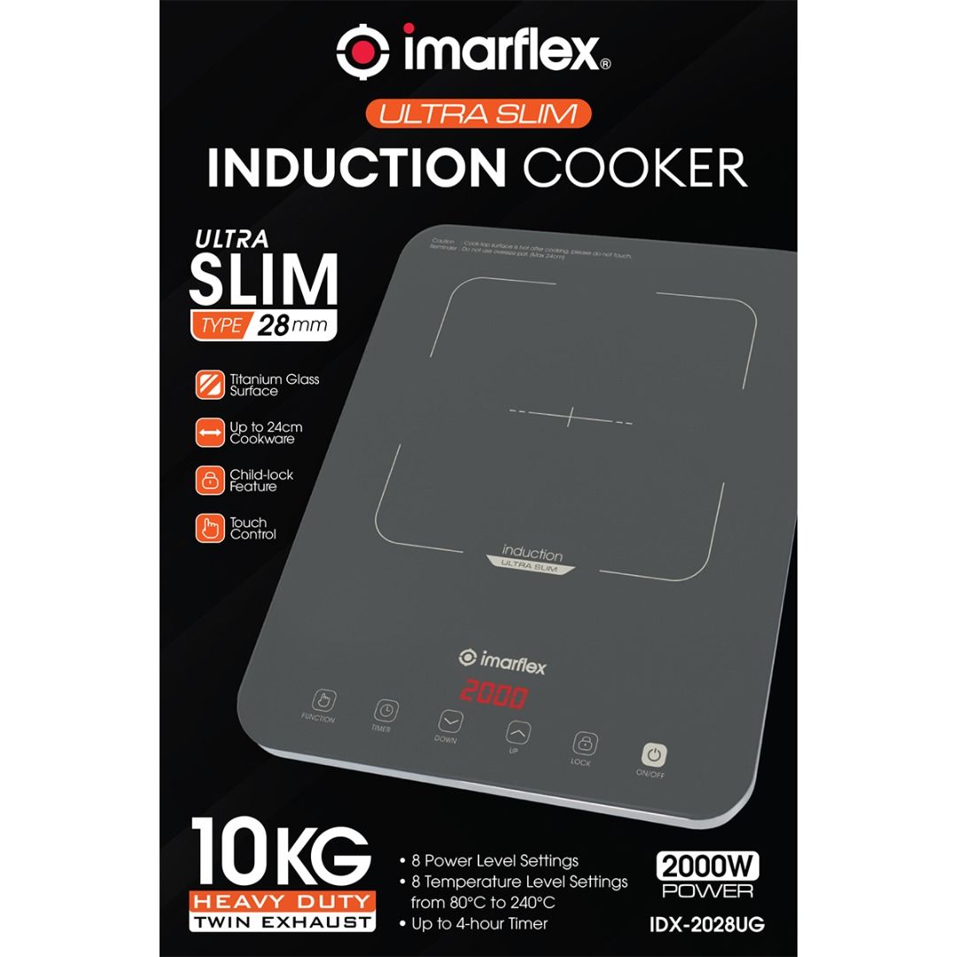 28mm Ultra Slim Induction Cooker Titanium Glass Surface (Category: Cookers) located in Manila. Submitted by yourimarflexdealer (Listing ID 1418195768, Image 2). Description: "- Electric induction cooker - 28mm Ultra Slim Induction Cooker - Titanium Glass Surface - Up to 24cm Cookware - Child-lock Feature - Touch Control - 10kg Heavy Duty - Twin Exhaust - 8 Power Level Settings - 8 Temperature Level Settings - Up to 4-hr Timer - Overload Protectio