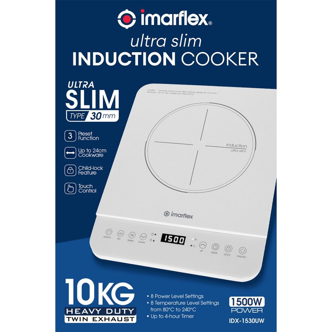 30mm Ultra Slim Induction Cooker (Category: Cookers) located in Manila. Submitted by yourimarflexdealer (Listing ID 1418195818, Image 2). Description: "- Electric induction cooker - 30mm Ultra Slim Induction Cooker - 3-preset functions (Hotpot, Fry, Warm) - Up to 24cm Cookware - Child-lock Feature - Touch Control - 10kg Heavy Duty - Twin Exhaust - 8 Power Level Settings - 8 Temperature Level Settings - Up to 4-hr Timer - Auto-sense Pot - Auto-off