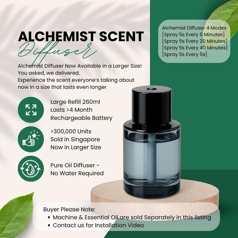Alchemist Scent Diffuser (Category: Home Fragrance) located in Singapore. Submitted by staysmart. (Listing ID 1418086402, Image 1). Description: 🧪 Alchemist Scent Diffuser Refill 📦 260ml size ⏳ Lasts for over 4 months 🔋 Rechargeable battery ⚙️ 4 modes available Here you go with emojis added 🌿✨ 🌈 Over 6 smells to choose from * 🧴 Cologne * 🌊 Ocean * 🌸 Gardenia * 🍋 Lemon * 🌼 Osmanthus * 💜 Lavender Can use your own fragrance 🔥 Paynow is a