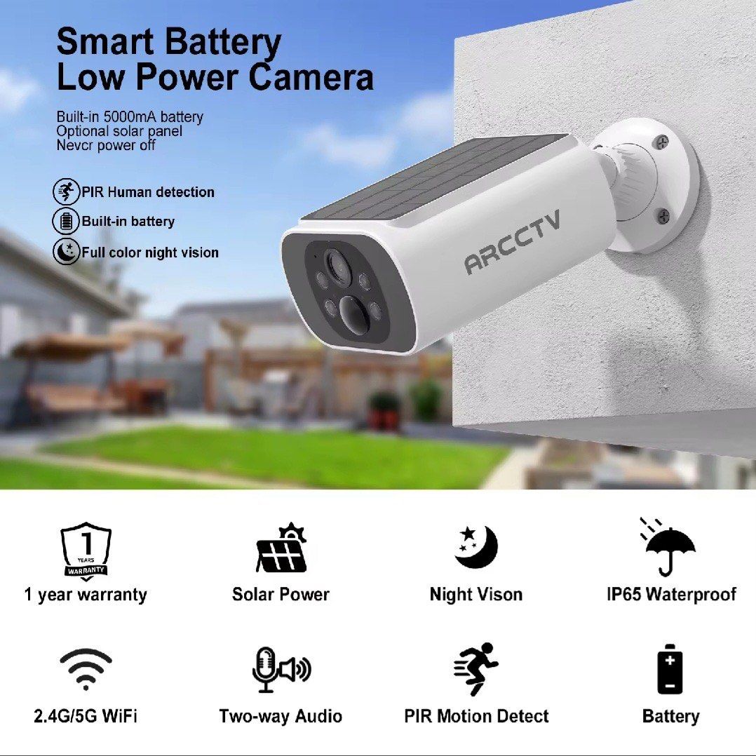 ARCTTV Solar Powered Smart CCTV Camera (Category: Security Systems & CCTV Cameras) located in Quezon City. Submitted by playamerica (Listing ID 1418093065, Image 2). Description: SOLAR POWERED CCTV CAMERA IP65 WATERPROOF 2K Resolution Wireless Surveillance Camera Brand: ARCCTV Price: ₱2,100 • Wireless. Solar powered: Powered by solar panel on top of camera • 2K resolution • Loop Recording • 4MP quality • Easy installation • Smart detection: Detec