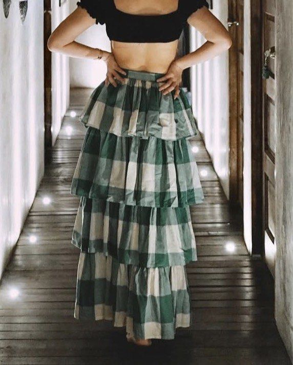 Artisanat Green Checkered Tiered Skirt (Category: Skirts) located in Mabalacat. Submitted by jastin17 (Listing ID 1418107314, Image 3). Description: - Artisanat skirt - Green and white checkered pattern - Size M on tag but fits small - Tiered design - Comfortable fit - Lightweight and breathable fabric - Suitable for warm weather - Perfect for casual or evening wear.