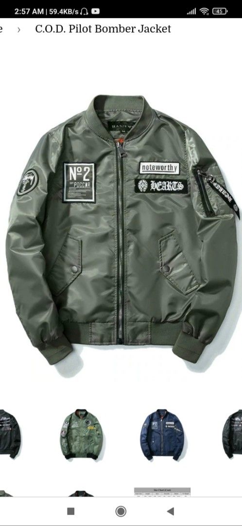 C.O.D. Pilot Bomber Jacket (Category: Coats, Jackets and Outerwear) located in Malabon City. Submitted by paolojohnlopez11 (Listing ID 1418034988, Image 2). Description: - Stylish green bomber jacket - Orange interior lining - Features patches (Stussy, chrome Hearts) - Zipper closure - Ribbed collar - Includes an inside pocket -Decluttering nabura na Ang print Niya dahil matagal na na stock sa drawer ko makikita sa pic Ang issue may minimal na pi