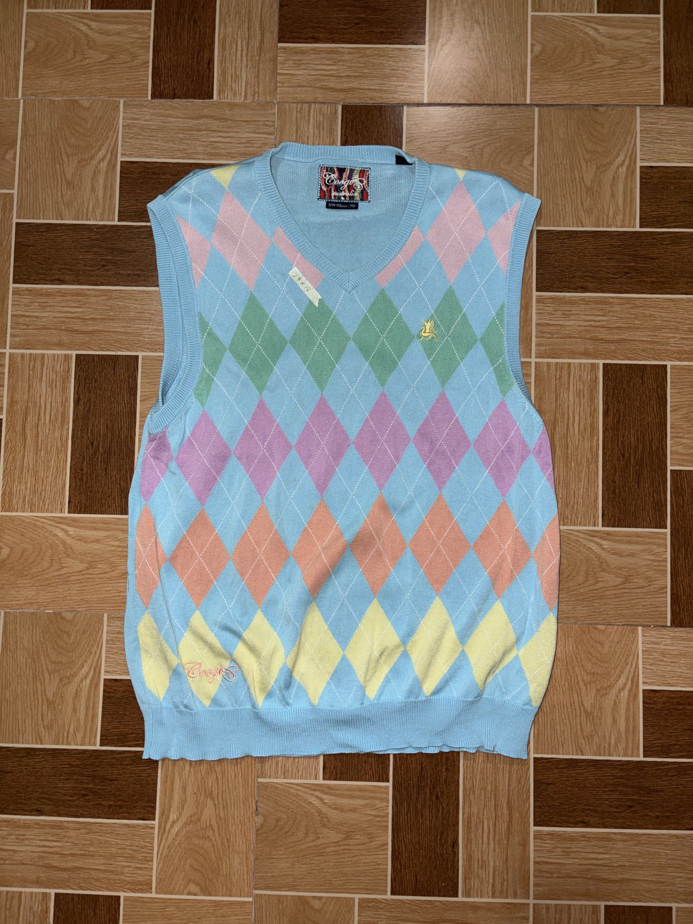 Coogi Argyle Vest (Category: Vests) located in Quezon City. Submitted by batch. (Listing ID 1418075028, Image 1). Description: - Coogi argyle vest - Pastel color scheme - V-neck design - Embroidered Coogi logo - Classic argyle pattern (light blue base) - Various colored diamonds - Authentic Coogi brand tag.