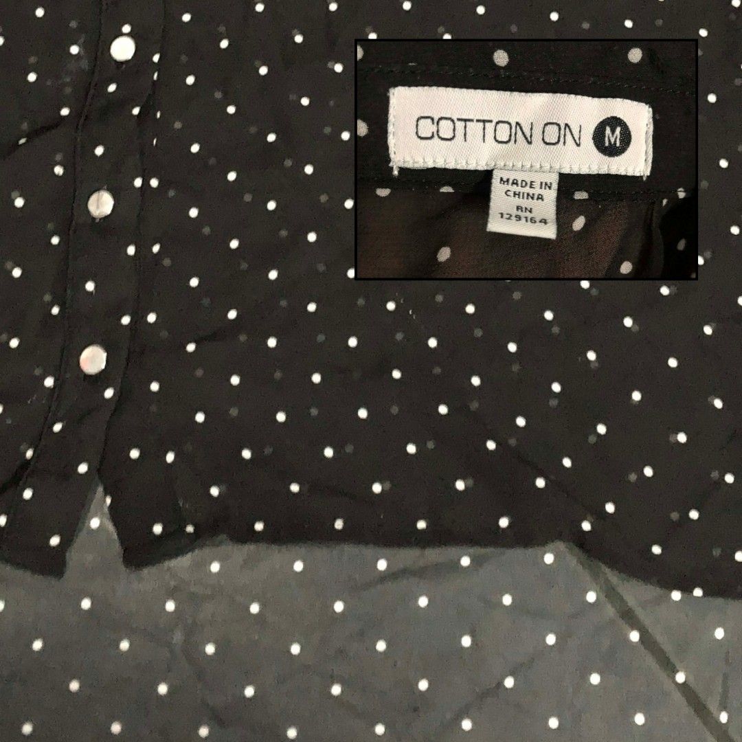 COTTON ON BLACK POLKA DOT SEE-THROUGH TOP (Category: Blouses) located in Marikina City. Submitted by pmncl.declutters (Listing ID 1418026312, Image 2). Description: COTTON ON BLACK POLKA DOT SEE-THROUGH TOP (M on tag) measurements (laid flat): width: 19 in php 90 price is negotiable 🌷☁️ also available in: white, black, pink (see other listings) dm/comment for inquiries!.