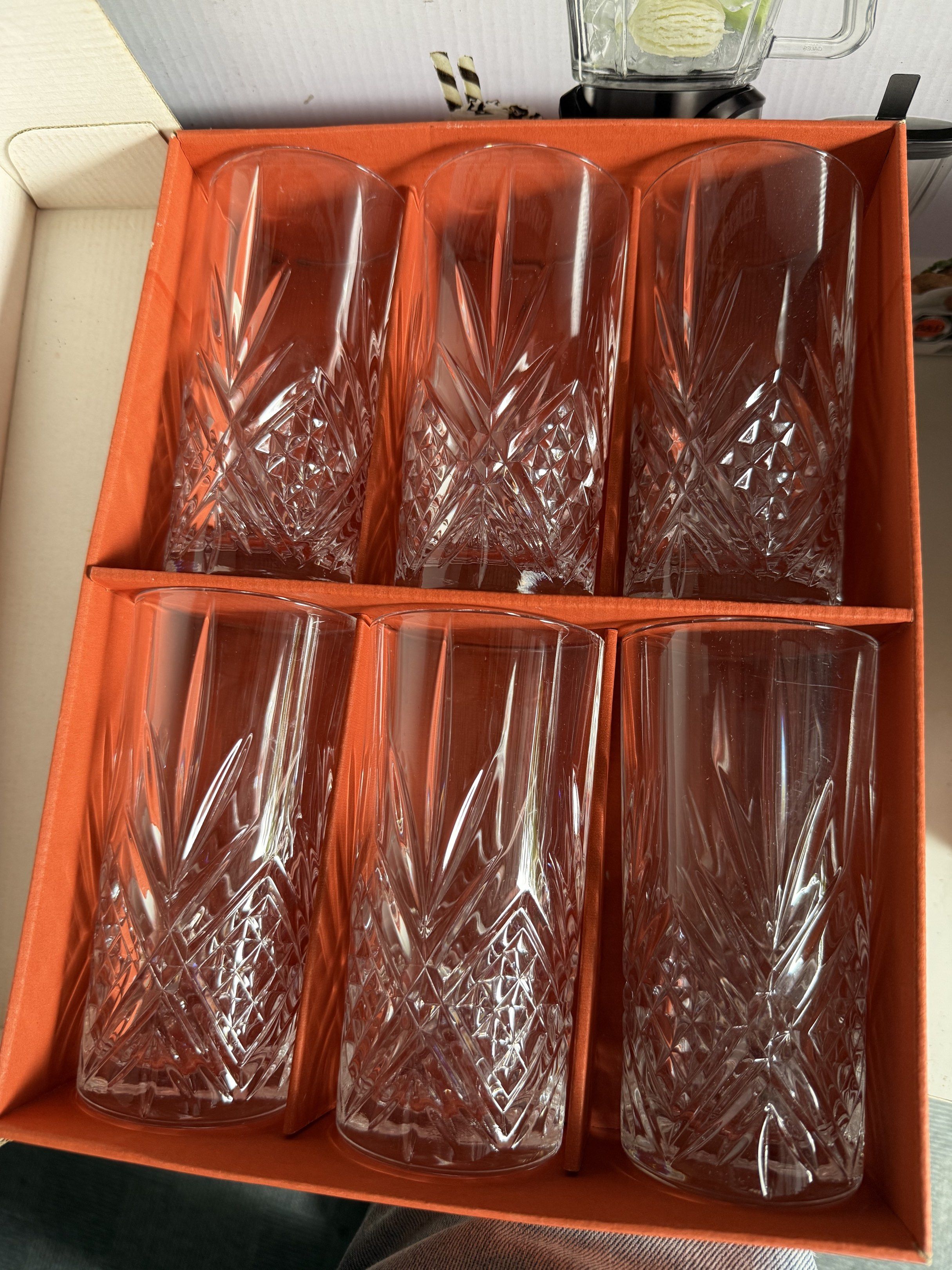 Cristal d'Arques Masquerade Drinking Glasses Set (Category: Dinnerware & Cutlery) located in Dasmarinas. Submitted by andrae03 (Listing ID 1418095056, Image 2). Description: Set of six Cristal d'Arques Masquerade drinking glasses. The glasses have a detailed, cut-glass design. The box indicates the glasses are 29 cl / 10 1/4 oz. The box features a masquerade theme. The glasses are new and unused..