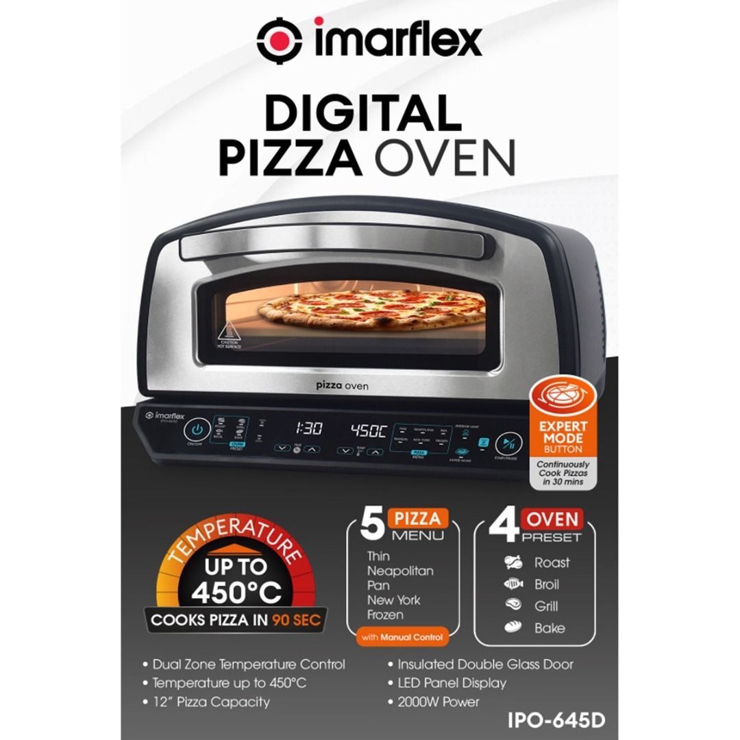 Digital Pizza Oven (Category: Ovens & Toasters) located in Manila. Submitted by yourimarflexdealer (Listing ID 1418192956, Image 2). Description: - Electric Pizza Oven - 5 Pizza Menu - 4 Oven Preset - Expert Mode Button - 12' Pizza Capacity - Dual Zone Temperature Control - Insulated Double Glass Door - 2000W Power - Variable Temperature Control up to 450C - Led Panel Display IPO-645D.