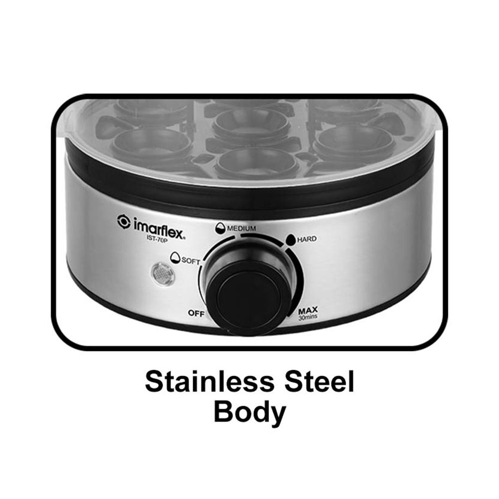Electric Egg Poacher / Egg Steamer (Category: Cookers) located in Manila. Submitted by yourimarflexdealer (Listing ID 1418197385, Image 2). Description: "Steamer & Poacher 3 Pre-set Settings (Soft, Medium, Hard) Up to 7 Eggs Capacity Stainless Steel Base Up to 30 mins. Timer With Light Indicator Dishwasher Safe Auto-off Function Stainless Steel Heating Plate 400 Watts" IST-70P.