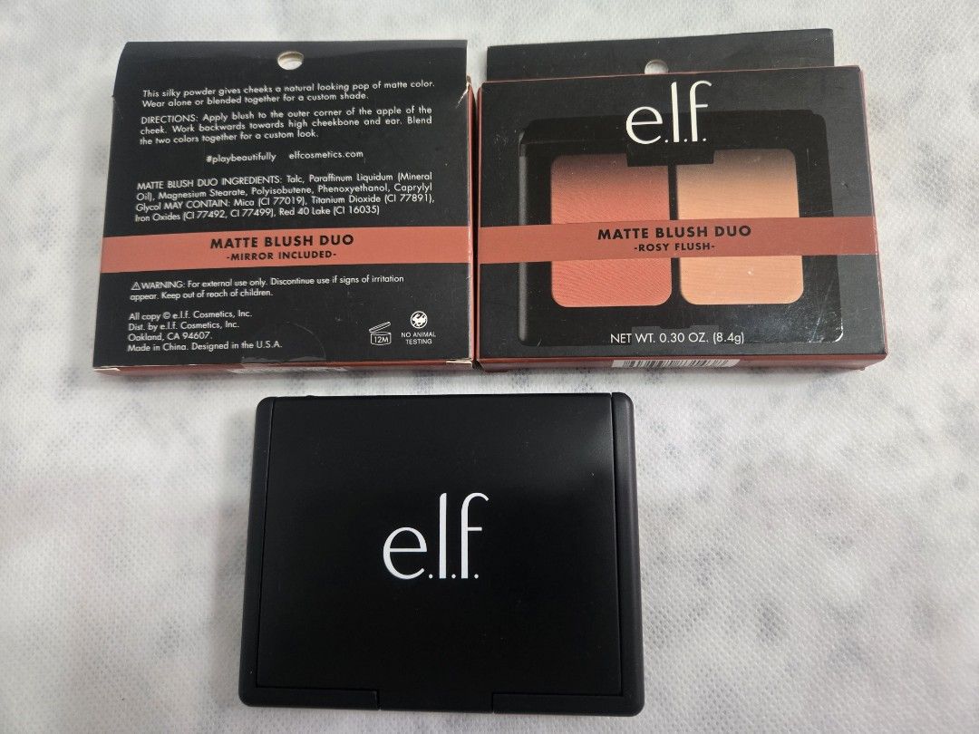 e.l.f. Matte Blush Duo - Rosy Flush (Category: Makeup) located in Marikina City. Submitted by jmae8659 (Listing ID 1418026478, Image 2). Description: Declutter Sale (bought in US) - e.l.f. Matte Blush Duo in Rosy Flush - Includes two shades - New, with mirror - Net weight: 0.30 oz (8.4g) - Packaging includes application tips for a natural look - Ingredients listed on the box.