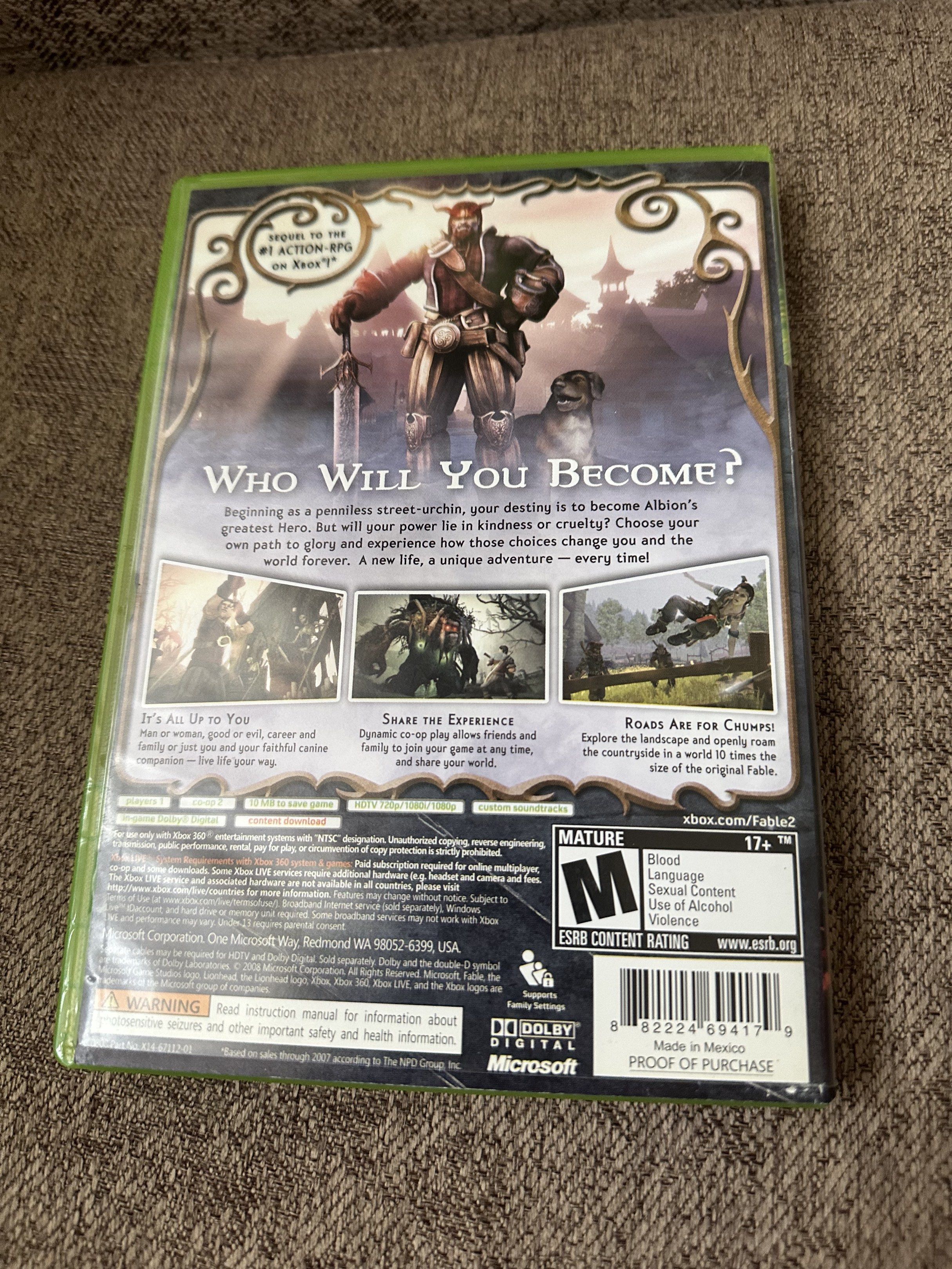 Fable II Xbox 360 Game (Category: Xbox) located in Carmona. Submitted by francisder50014 (Listing ID 1418075108, Image 3). Description: - Fable II for Xbox 360 - Fantasy action RPG - Includes game disc - Original cover art included - Case shows gameplay details and ESRB rating - Rated M for Mature.