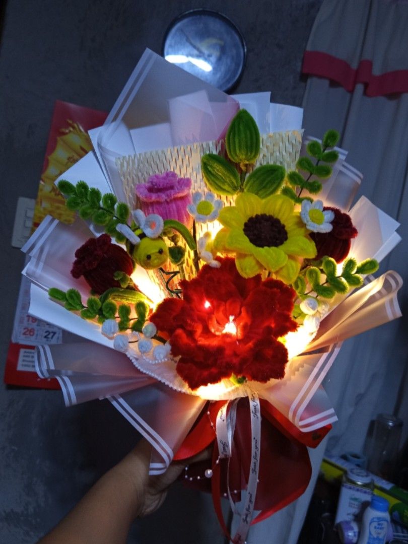 Fuzzy Wire Flower Bouquet (Category: Flowers & Bouquets) located in Manila. Submitted by madie_laine (Listing ID 1418198956, Image 2). Description: - Handmade Fuzzy Wire Flower Bouquet - Features vibrant, fuzzy wire flowers - Beautifully arranged and wrapped - Includes paper and ribbon - In excellent condition - Ideal for gifting.