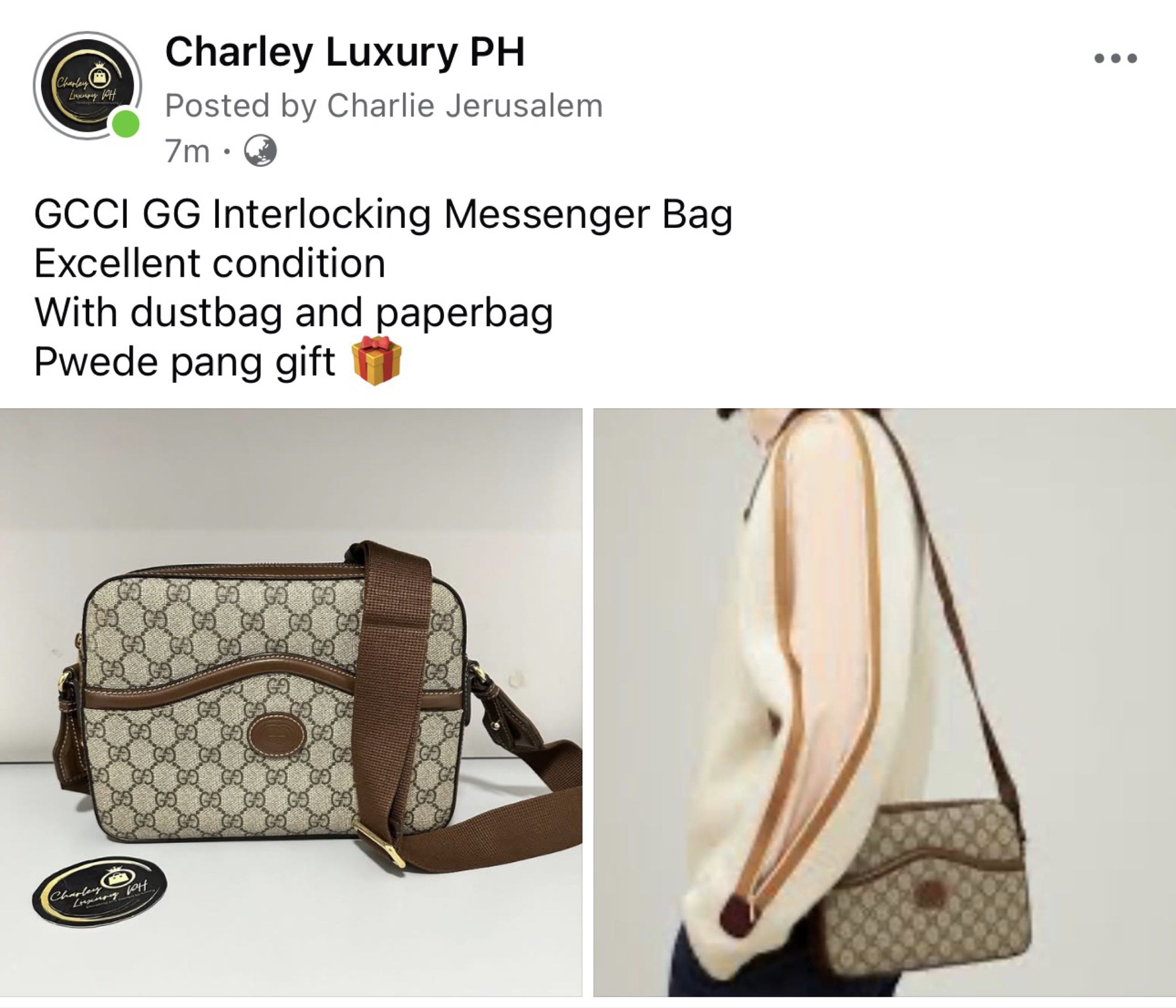 Gucci GG Interlocking Messenger Bag (Category: Luxury Bags & Wallets) located in Malabon City. Submitted by charleyluxuryph (Listing ID 1418174397, Image 1). Description: - Authentic Gucci GG Interlocking Messenger Bag - Includes dustbag and paperbag - Perfect for gifting - Stylish and practical for everyday use - Features the iconic GG pattern - Comfortable strap - A timeless luxury piece.