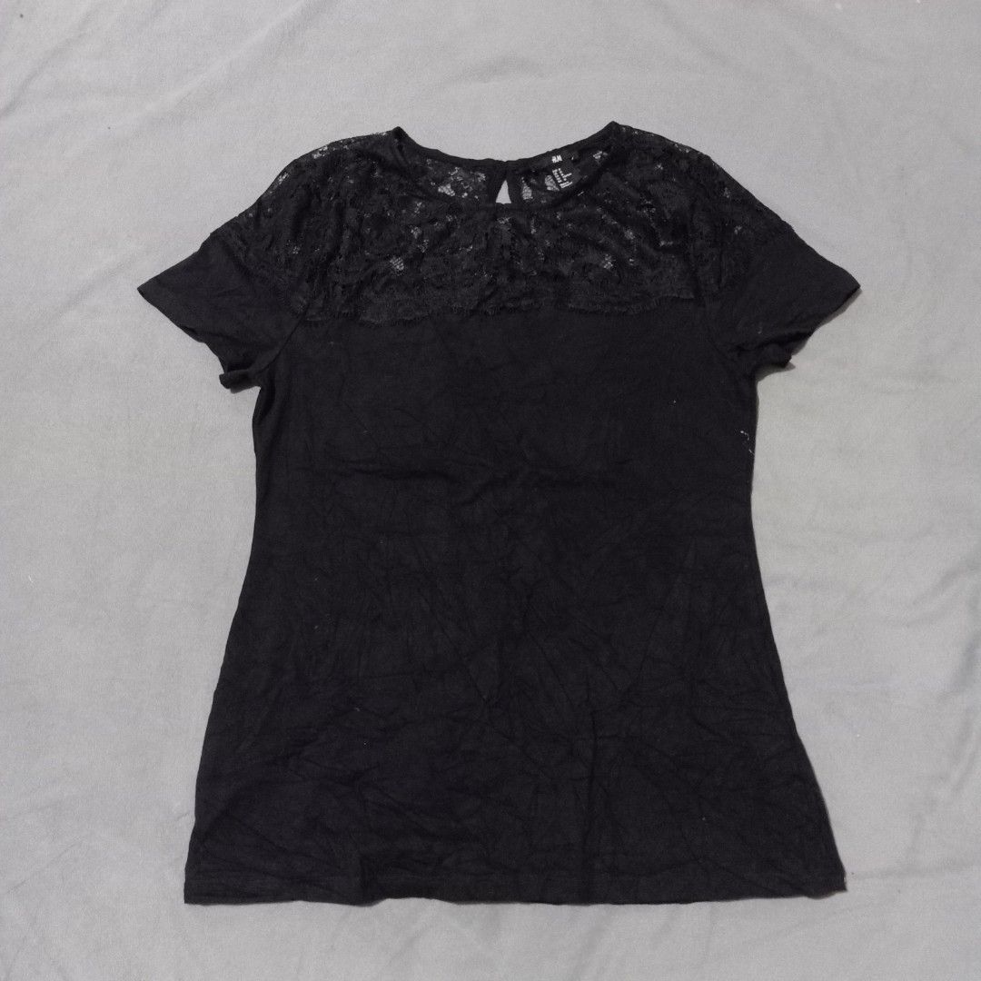 H&M Black Lace Top - Size M (Category: Sleeveless) located in San Jose. Submitted by gemhavenxx (Listing ID 1418140903, Image 1). Description: - H&M black top - Lace detailing on upper chest - Short sleeves - Round neckline - Size: M - Made in Cambodia.