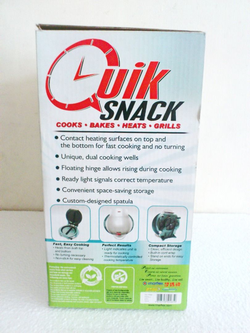 Imarflex QUIK SNACK (Category: Cookware & Accessories) located in Manila. Submitted by ace.hobbies (Listing ID 1392810459, Image 2). Description: 🏷️ Item for Sale Imarflex QUIK SNACK 🔎 Item Description: - Snack Maker - Power: 750 Watts - Teflex Plates - Pilot Light Indicator - Dual Cooking Chamber Cooks Two Meals at Once - No Turning Food or Slaving Over a Hot Stove - Custom Designed Spatula 📸📦 Picture of actual item. .