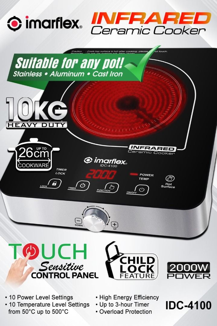 Infrared Ceramic Cooker (Category: Cookers) located in Manila. Submitted by yourimarflexdealer (Listing ID 1418195852, Image 3). Description: "- Infrared Ceramic Cooker - Suitable for any pot - 10 Power Level Settings - 10 Temperature Level Settings from 50ºC to 500ºC - High Energy Efficiency - Up to 3-hour Timer - Touch Sensitive Control Panel - Child-lock Feature - Up to 10kg Capacity - Up to 26cm Cookware Capacity - 2000W" IDC-4100.