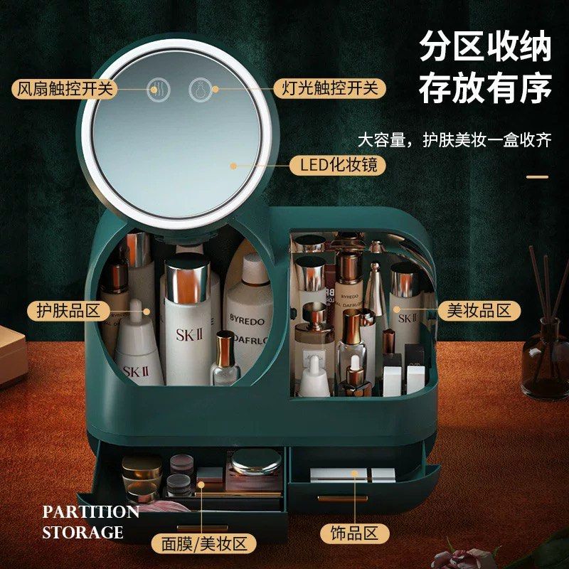 LED Makeup Organizer with Mirror (Category: Makeup) located in Manila. Submitted by livefish_c3e131 (Listing ID 1418084643, Image 2). Description: - Built-in LED mirror - Multiple compartments for makeup and skincare - Includes drawers for extra storage - Touch-sensitive switch for mirror light - Sleek design - Keeps cosmetics organized and accessible.