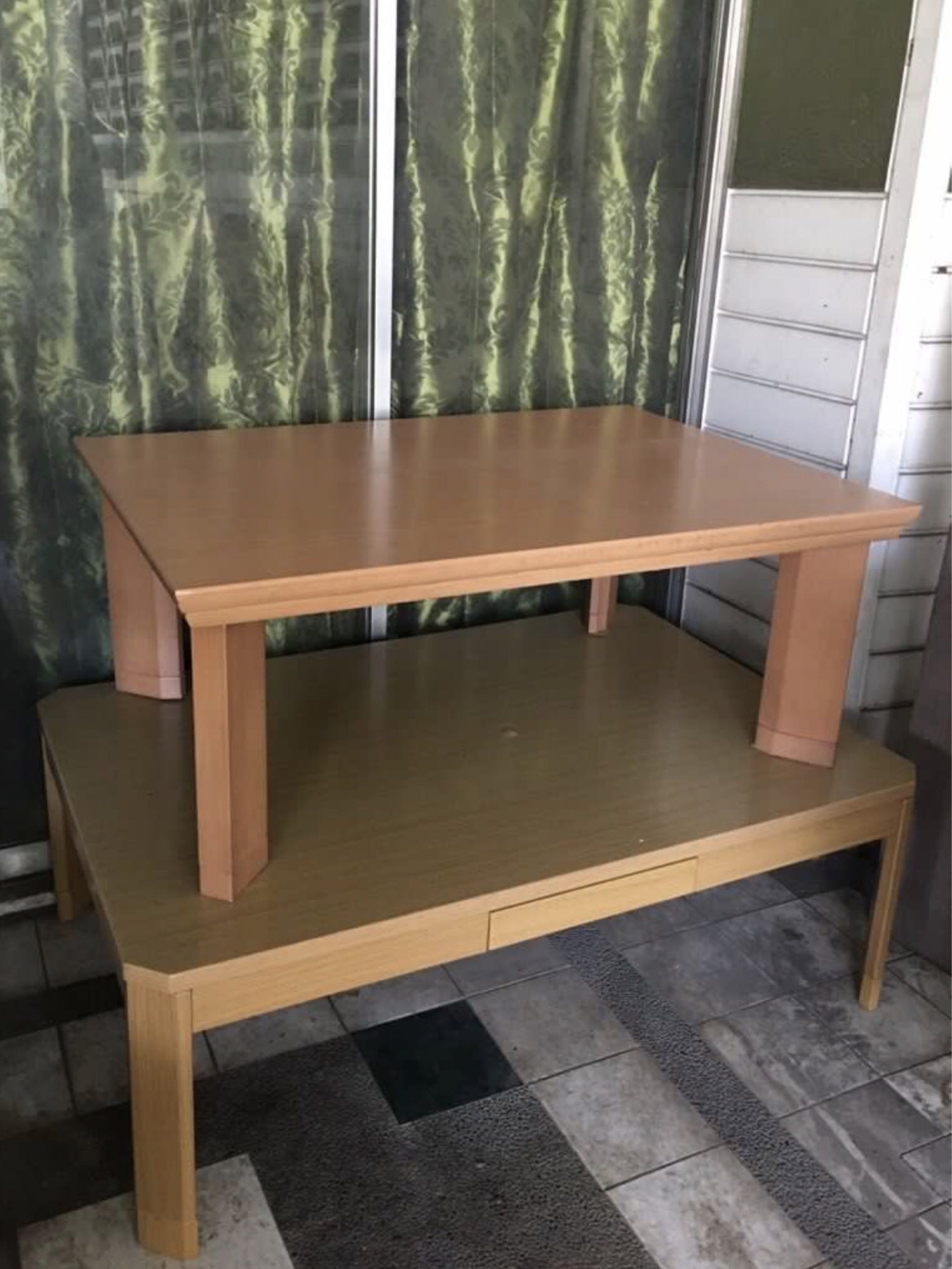 Low Japanese study table center coffee 1800 EACH (Category: Tables & Sets) located in Quezon City. Submitted by tammys_random_harvest (Listing ID 1416800181, Image 1). Description: 1800 per table 1. Smaller table: 30”x41”x17” -slight scratches and surface marks; lightly used for studying 2. Bigger table 36”x48”x18” -slightly raised part in the middle of the table top the size of a one peso coin - light scratches on surface; also used for studies 