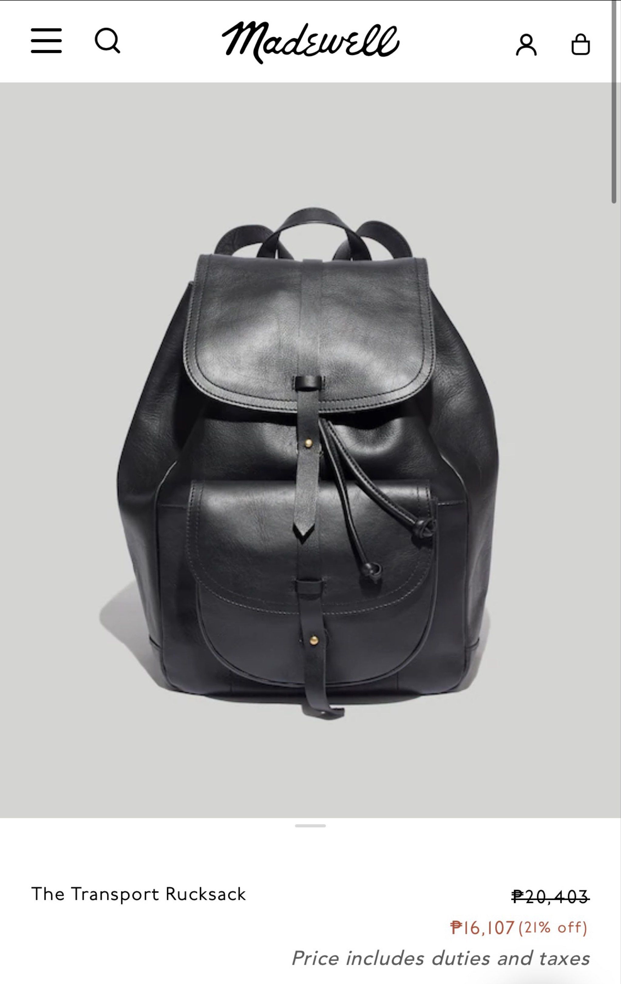 Madewell The Transport Rucksack - Black (Category: Backpacks) located in Makati City. Submitted by martina.declutters (Listing ID 1418123837, Image 1). Description: - Madewell Transport Rucksack - Black leather - Flap closure with drawstring - Front pocket - Interior zippered pocket - Adjustable straps - Top handle - Madewell logo inside.