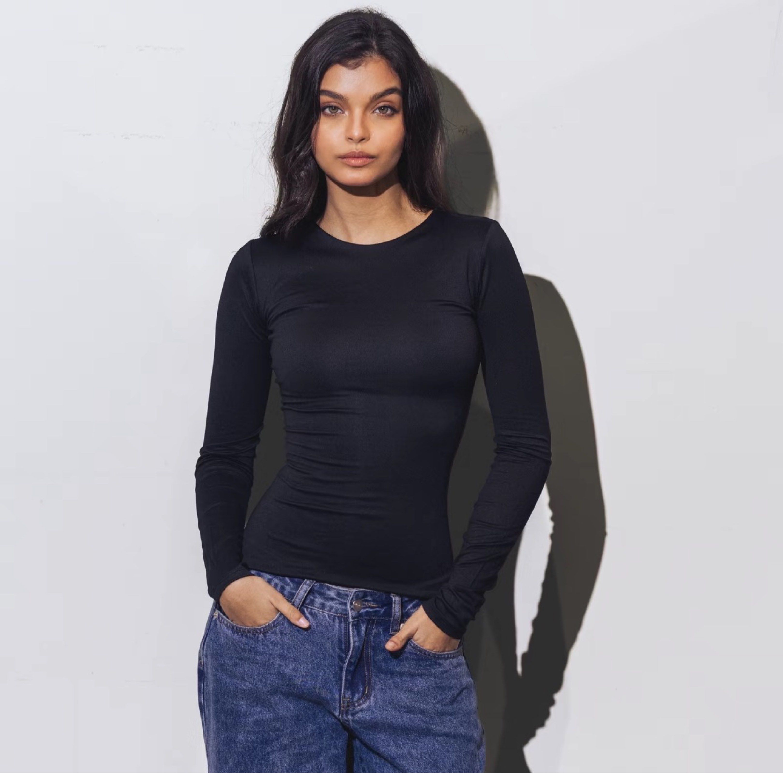Mera Black Olga Longsleeve Slim-fitting Top (Category: Longsleeves) located in Mandaluyong City. Submitted by minasitems (Listing ID 1418166458, Image 1). Description: Bought but never worn, in super good condition! Have the other colors and its super presko :) Size on tag: XL but runs small (best fits 38C, 28 waistline, but super stretchable regardless!) 📌 Dimensions (when laid flat): Chest: 16 in Length: 21 in 📌 MOP: GCash 📌 MOD: Lalamove/Gr