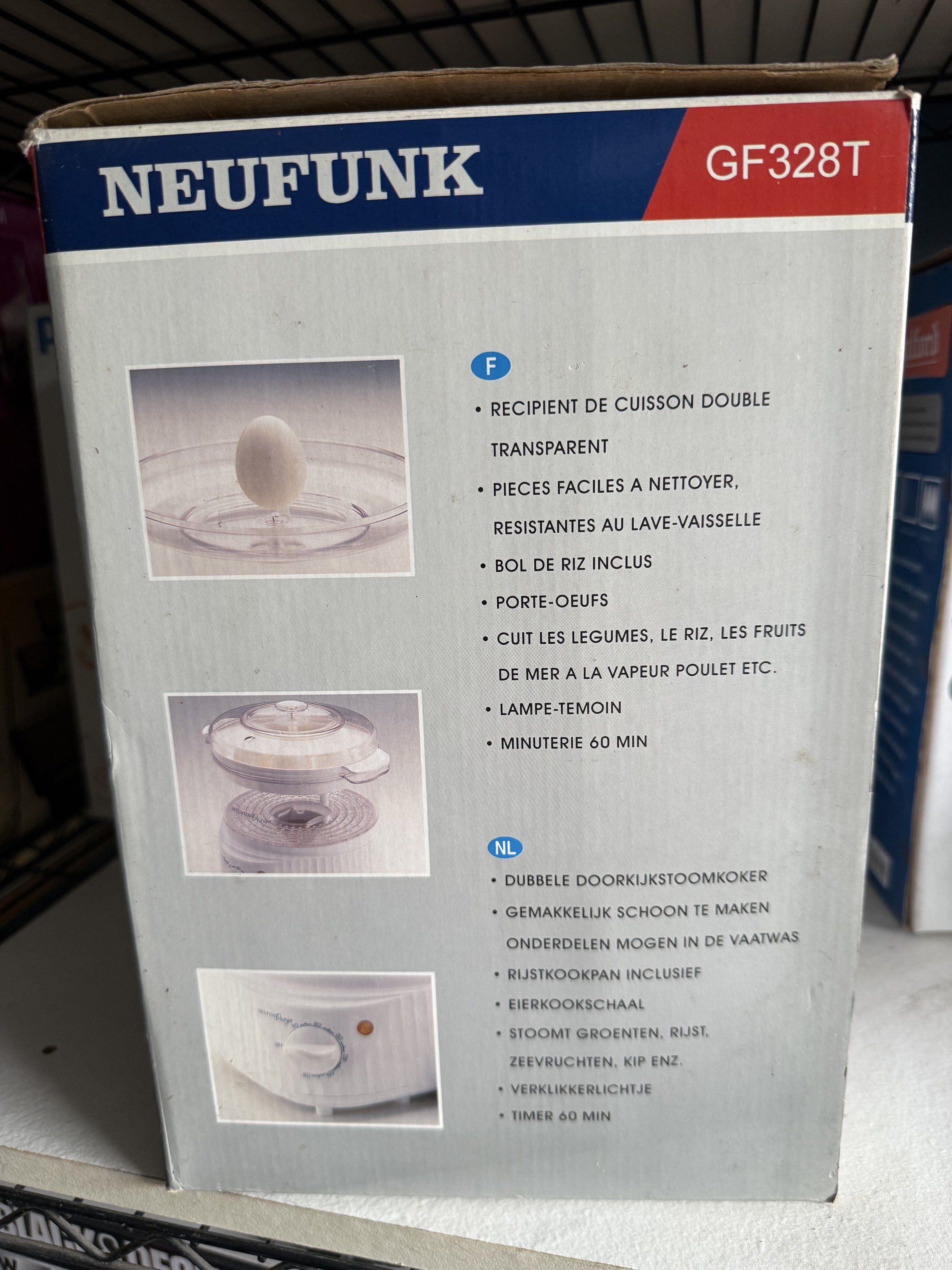 Neufunk GF328T Food Steamer (Category: Cookware & Accessories) located in Dasmarinas. Submitted by andrae03 (Listing ID 1418095068, Image 2). Description: Neufunk GF328T food steamer includes a double cooking container, rice bowl, and egg holder. It features a 60-minute timer and is designed for steaming vegetables, rice, fruits, and seafood. The transparent design allows you to monitor the cooking process. It is easy to clean and dishwasher safe