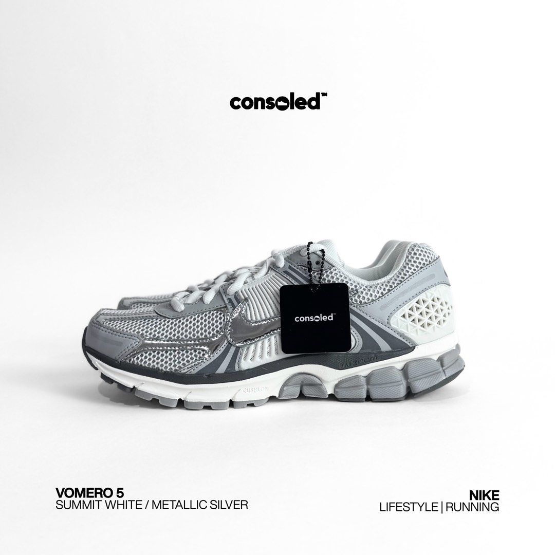 NIKE Vomero 5 'Summit White/Metallic Silver' (Category: Sneakers) located in Taguig. Submitted by consoledph_ (Listing ID 1418200678, Image 1). Description: FOR SALE Nike Vomero 5 'Summit White/Metallic Silver' US MEN Size 10 Brand New | Onhand | Complete w/ Box PHP 7995 Original photos posted. Meet-up or shipping available. Message here on Carousell for inquiries..