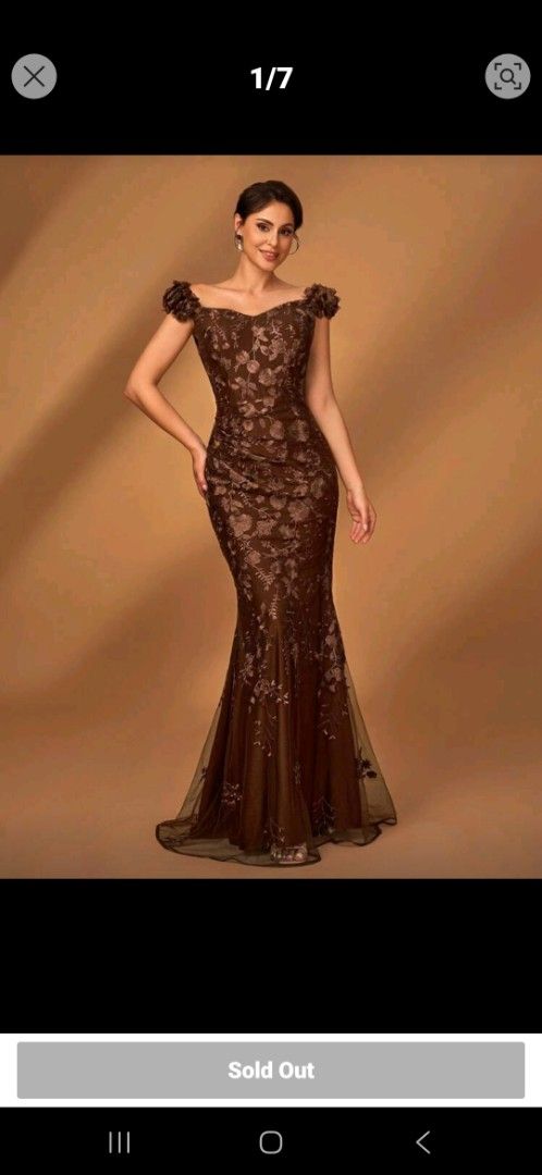 Ninang Gown- Coffee brown (Category: Evening dresses & gowns) located in Rizal. Submitted by shareland (Listing ID 1418063745, Image 1). Description: Bust: 44.3 in, Waist Size: 34.6-36.4 in, Hip Size: 45.3 in, Length: 63/58.3 in, Straps : Length: 16.5 in- Brown off-shoulder gown - Floral embroidery - Ruffled sleeves - Fitted bodice - Mermaid silhouette - Lace and tulle fabric - Ideal for formal events and special occasions.