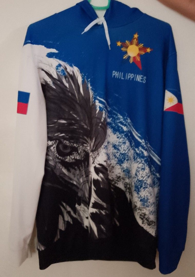 Philippine Eagle Flag Design Hoodie (Category: Hoodies) located in Binan City. Submitted by ollkorrect (Listing ID 1418110840, Image 3). Description: Used Philippine-themed graphic hoodie. This is a full-sublimation (3D subli) print item on lightweight polyester material. Unique Philippine Eagle and flag design. Great for casual wear. Pickup in Biñan area. Message if interested!.