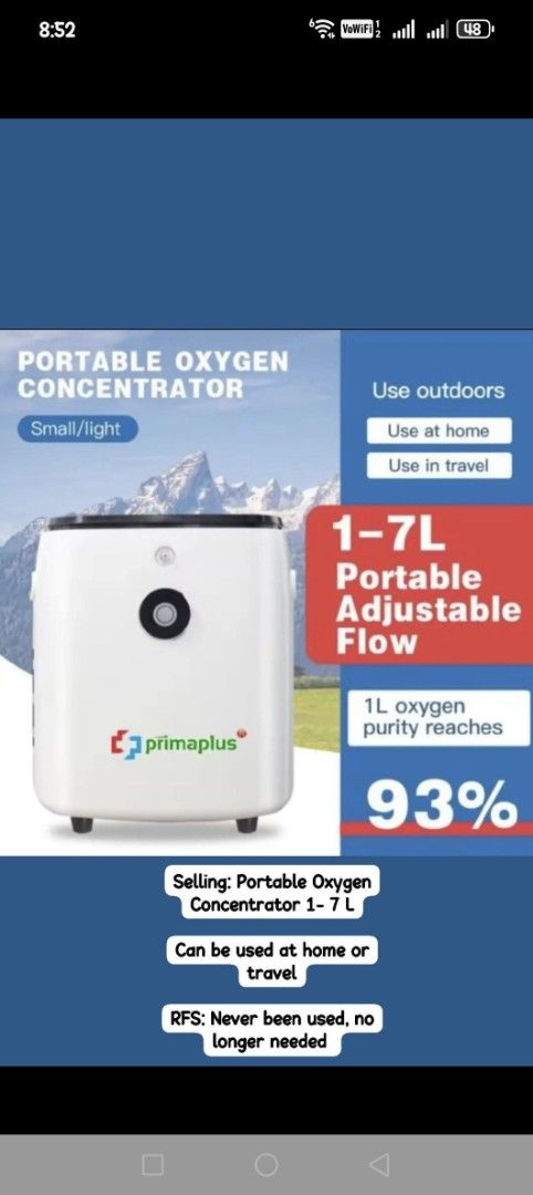 Portable Oxygen Concentrator 1-7L (Category: Medical Supplies & Tools) located in Manila. Submitted by ceanne5 (Listing ID 1418150808, Image 1). Description: - Portable oxygen concentrator - Adjustable flow: 1-7L - Suitable for home and travel - Oxygen purity: 93% at 1L - Brand new, never used.