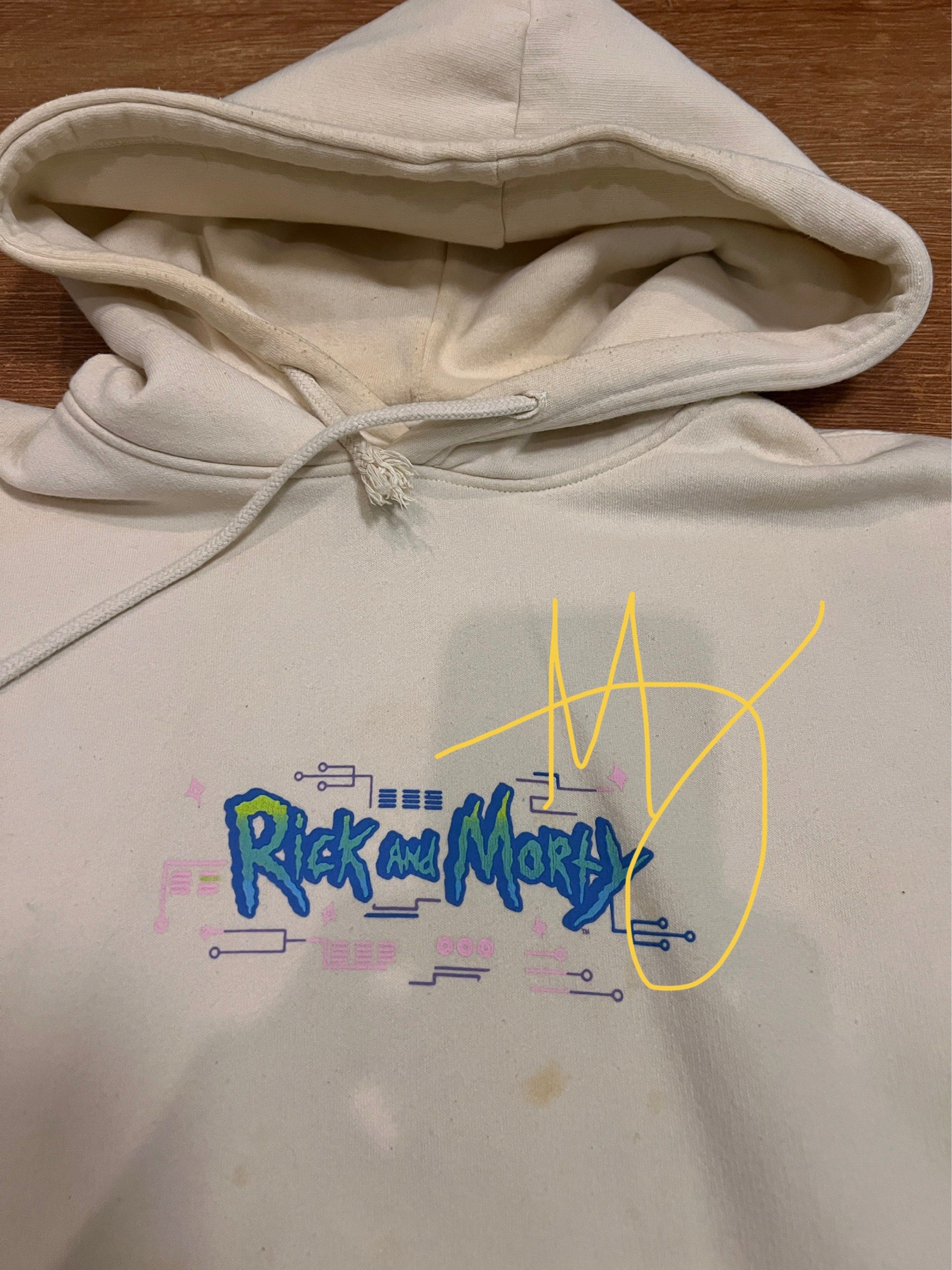 Pull&Bear Rick and Morty Hoodie (Category: Hoodies) located in Antipolo. Submitted by mja_salvador (Listing ID 1418130737, Image 2). Description: - Cream-colored hoodie - Features a Rick and Morty design - Show logo on the front - Rick graphic on the back - Kangaroo pocket - Drawstring hood - Brand: Pull&Bear - Size: XS/S.